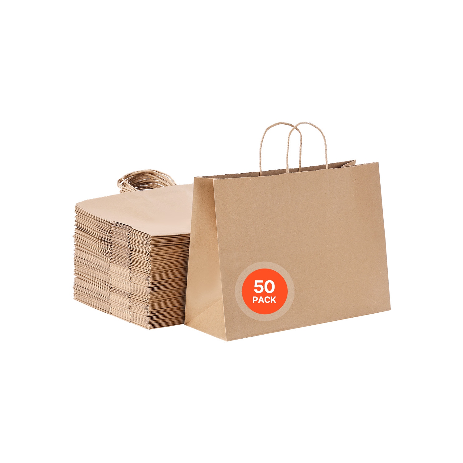 VEVOR 16 x 6 x 12 in Kraft Paper Bags with Handles, 50Pcs, Large Paper Grocery Bags, Reusable & Recycled Brown Take-Out Sacks, Plain Party Bag Bulk