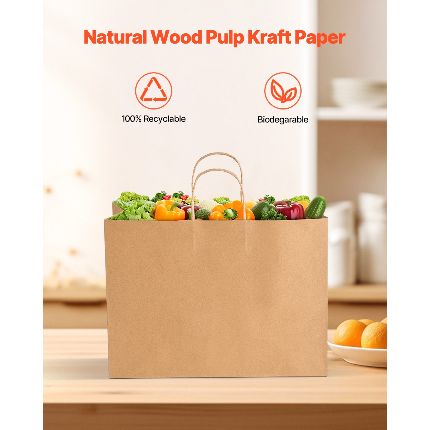 VEVOR 16 x 6 x 12 in Kraft Paper Bags with Handles, 50Pcs, Large Paper Grocery Bags, Reusable & Recycled Brown Take-Out Sacks, Plain Party Bag Bulk