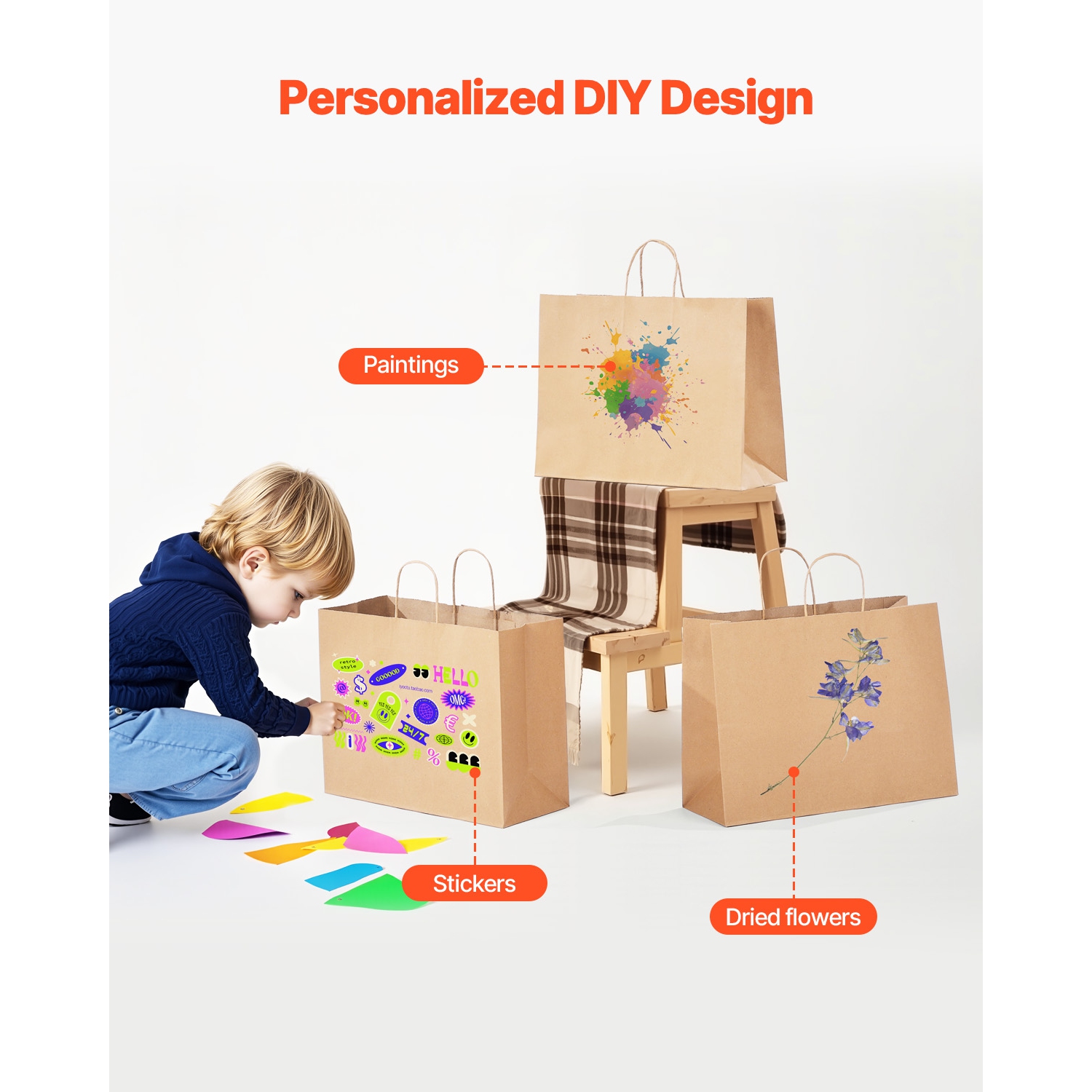 VEVOR 16 x 6 x 12 in Kraft Paper Bags with Handles, 50Pcs, Large Paper Grocery Bags, Reusable & Recycled Brown Take-Out Sacks, Plain Party Bag Bulk