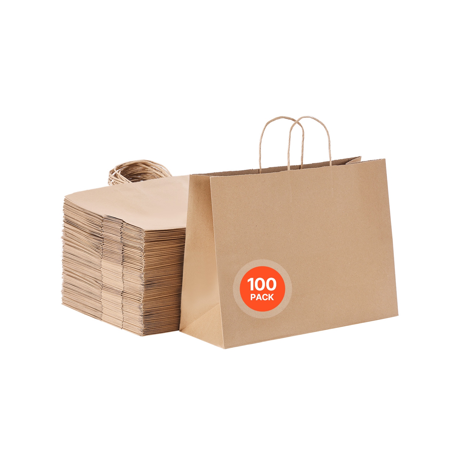 VEVOR 16 x 6 x 12 in Kraft Paper Bags with Handles, 100Pcs , Large Paper Grocery Bags, Reusable & Recycled Take-Out Sacks, Plain Party Bag Bulk for