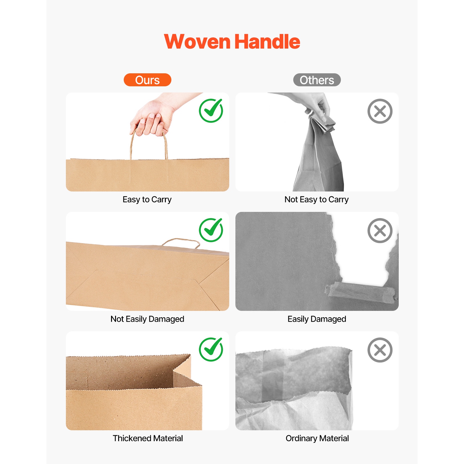 VEVOR 16 x 6 x 12 in Kraft Paper Bags with Handles, 100Pcs , Large Paper Grocery Bags, Reusable & Recycled Take-Out Sacks, Plain Party Bag Bulk for