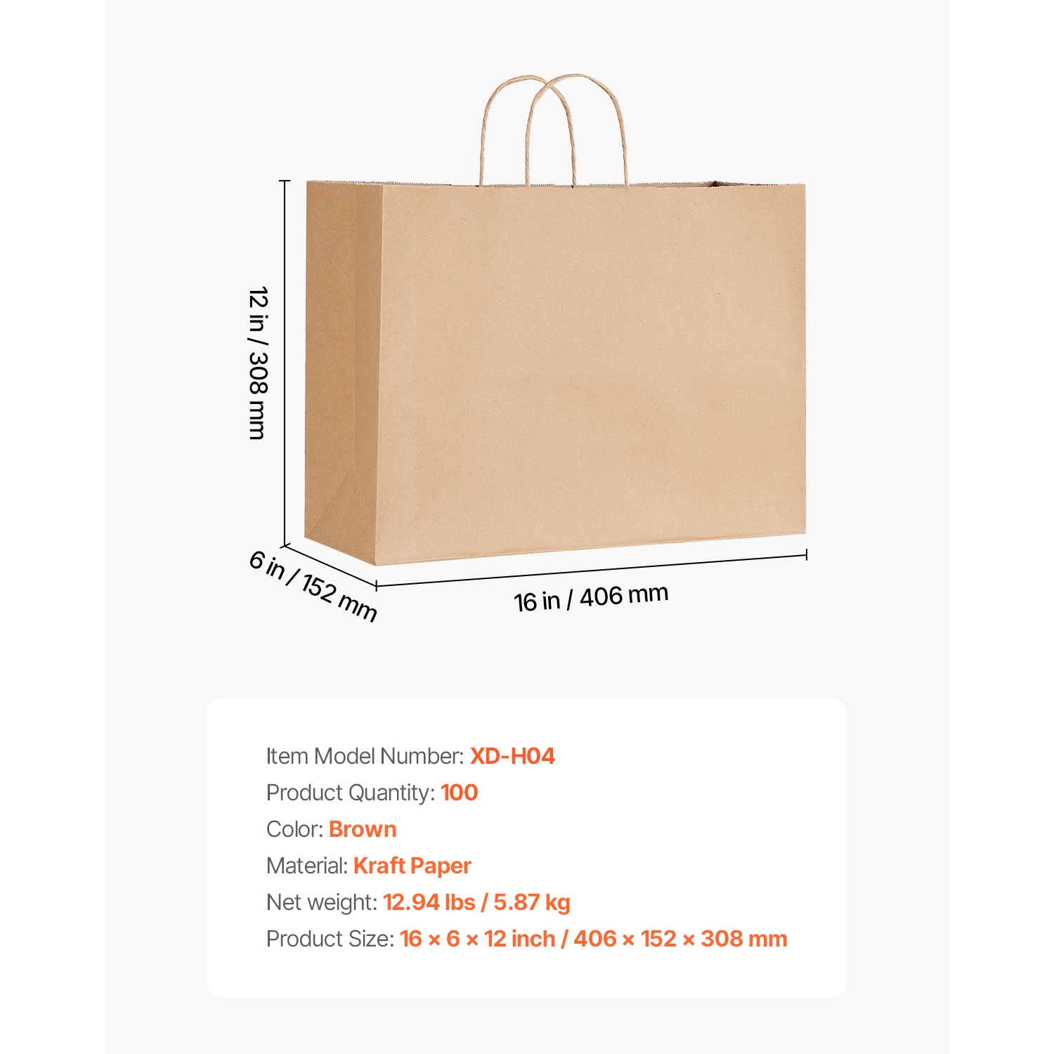 VEVOR 16 x 6 x 12 in Kraft Paper Bags with Handles, 100Pcs , Large Paper Grocery Bags, Reusable & Recycled Take-Out Sacks, Plain Party Bag Bulk for