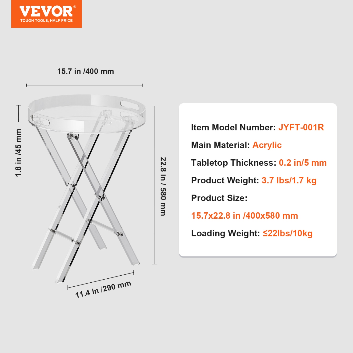 VEVOR Acrylic Folding Tray Table, Acrylic End Table with Folding X Leg, Clear Acrylic Side Table for Coffee, Drink, Food, Snack used in Living Room,