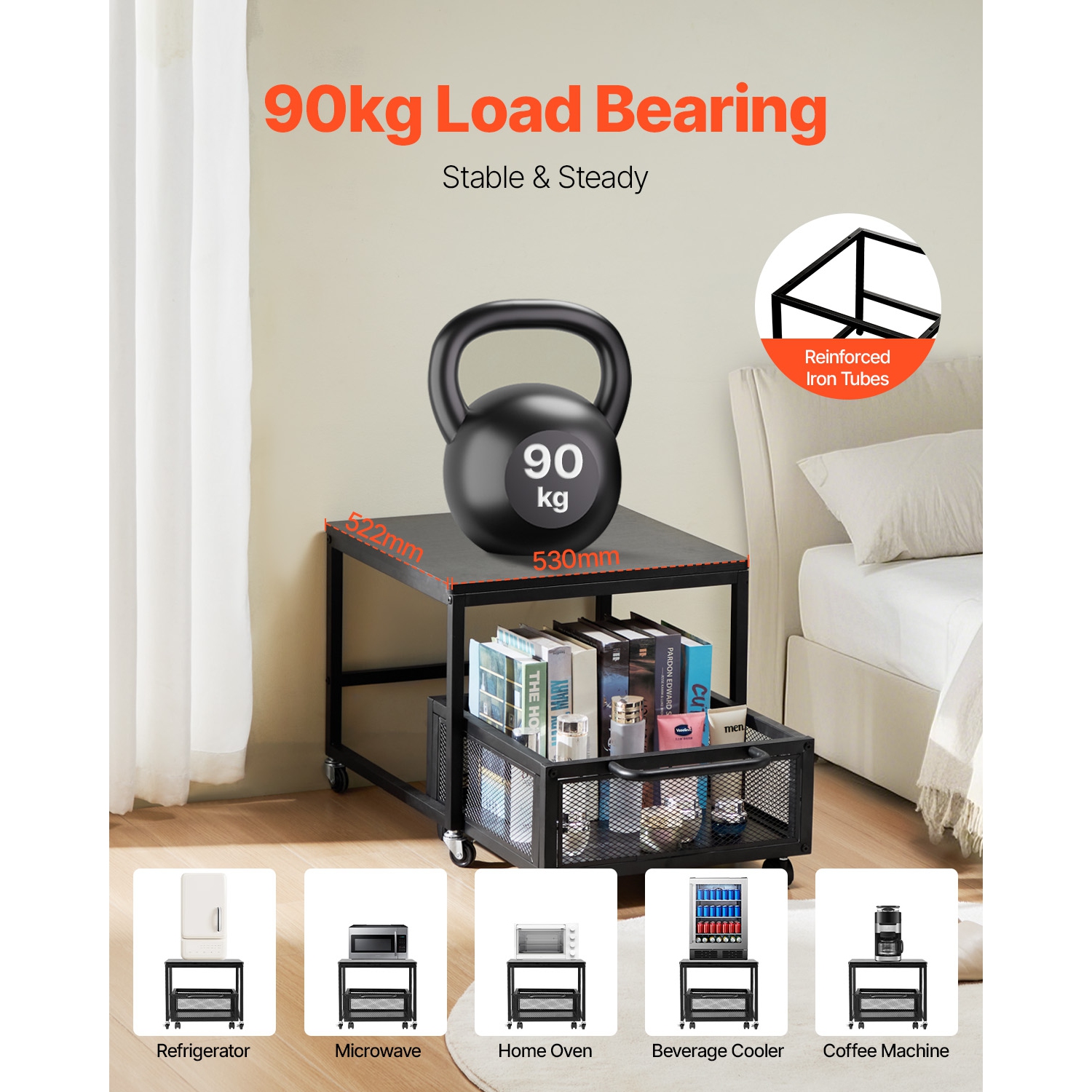 VEVOR 198 lbs Mini Fridge Stand, with Movable Storage Cart & Swivel Wheels, Beverage Refrigerator Stand for Coffee Bar, Mini Fridge Organizer for