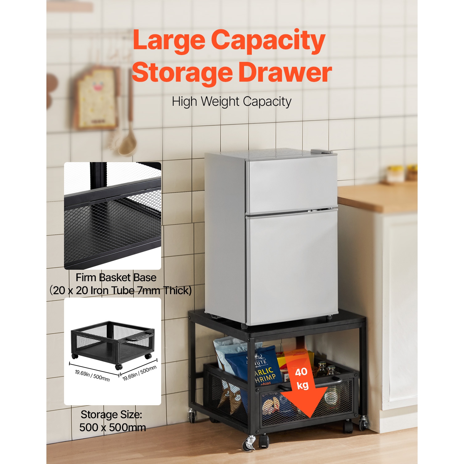 VEVOR 198 lbs Mini Fridge Stand, with Movable Storage Cart & Swivel Wheels, Beverage Refrigerator Stand for Coffee Bar, Mini Fridge Organizer for