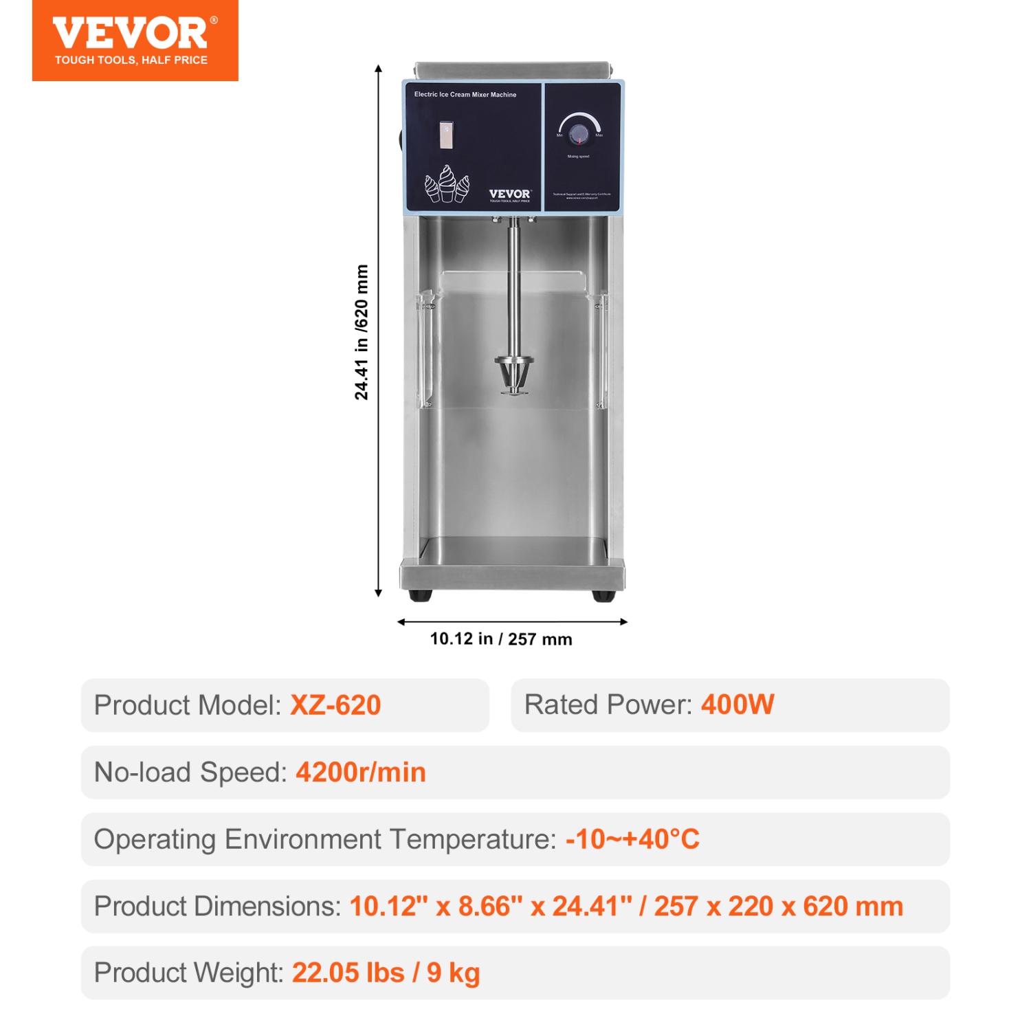 VEVOR 400W Ice Cream Blender, High-Speed Ice Cream Maker Mixer Stir Machine 4200RPM, Stepless Speed Adjustment, 304 Stainless Steel , 3 Hand Cups,