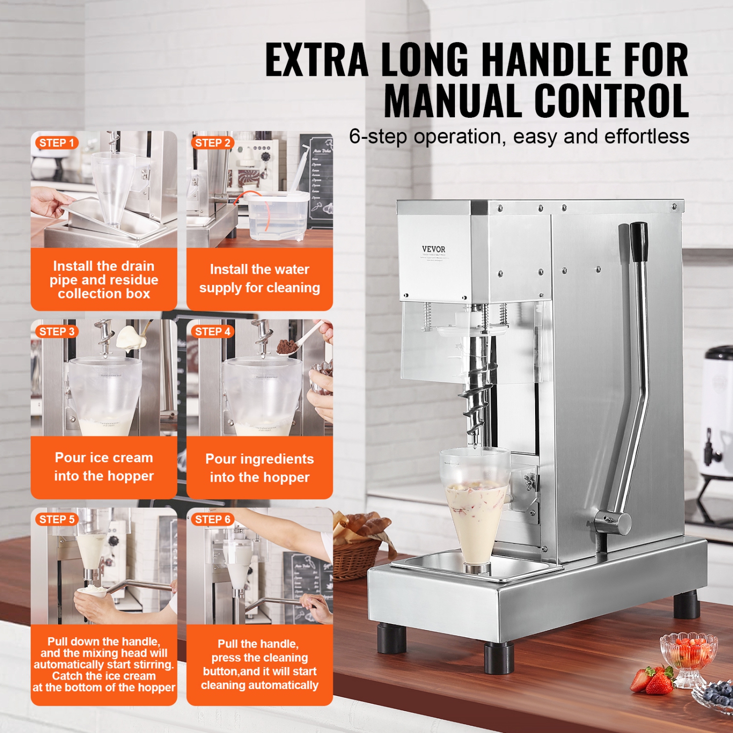 VEVOR 750W Ice Cream Blender, High-Speed Ice Cream Maker Mixer Stir Machine 1740RPM, 304 Stainless Steel Ice Cream Shaker, Long Handle + PC