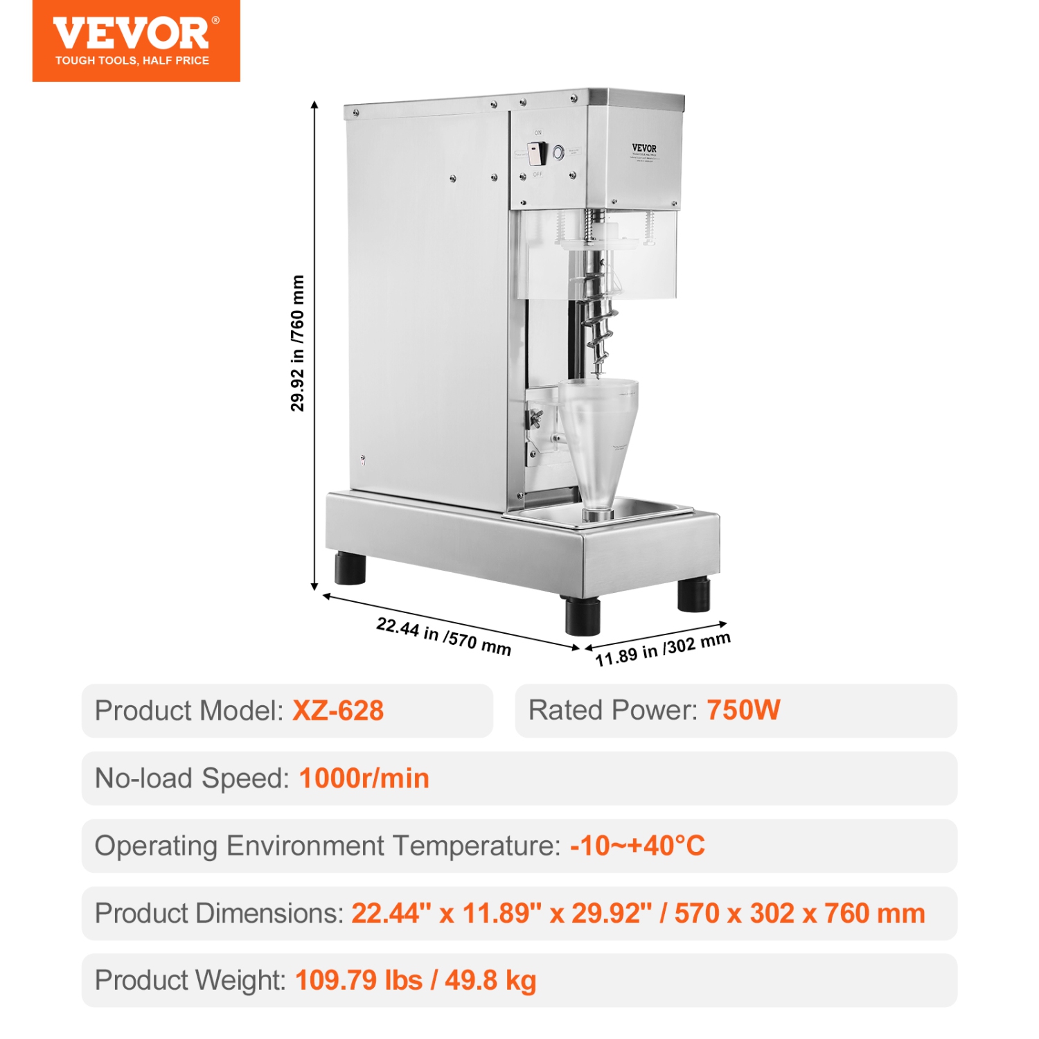 VEVOR 750W Ice Cream Blender, High-Speed Ice Cream Maker Mixer Stir Machine 1740RPM, 304 Stainless Steel Ice Cream Shaker, Long Handle + PC