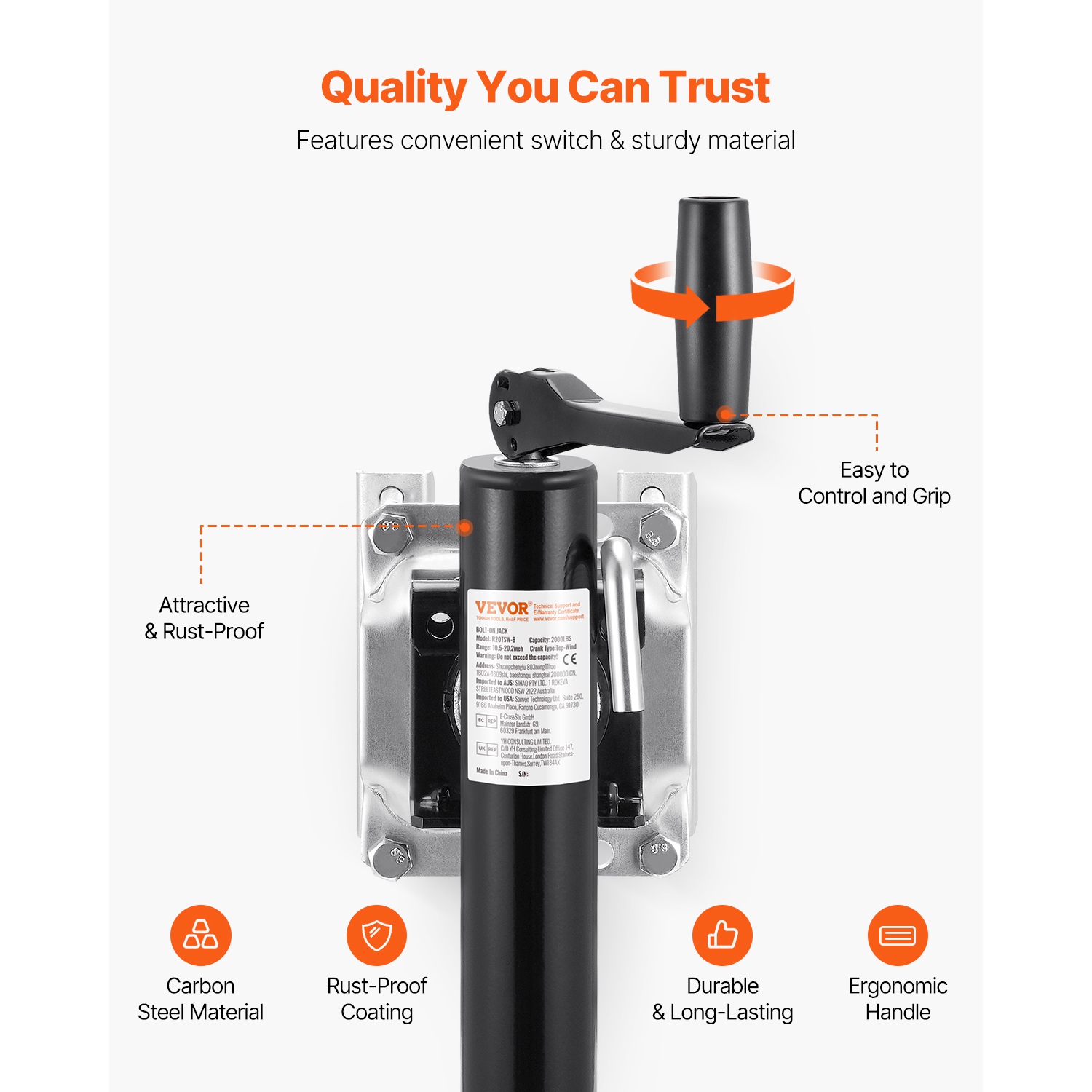 VEVOR 2000 lbs Load Trailer Jack, Heavy Duty Swivel Bolt-on Trailer Jack, 10" Lift Trailer Jack Stand with Handle for RV Trailer, Horse Trailer,