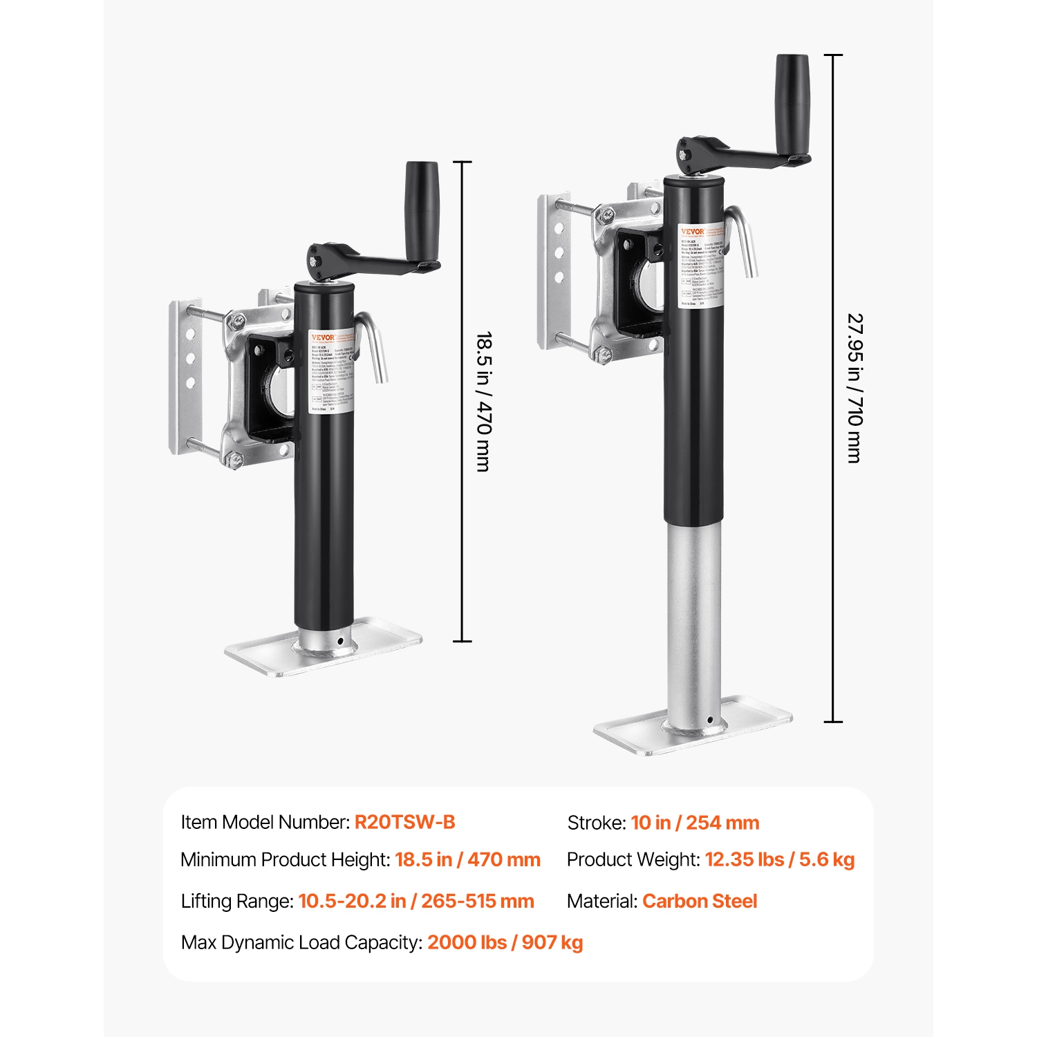 VEVOR 2000 lbs Load Trailer Jack, Heavy Duty Swivel Bolt-on Trailer Jack, 10" Lift Trailer Jack Stand with Handle for RV Trailer, Horse Trailer,