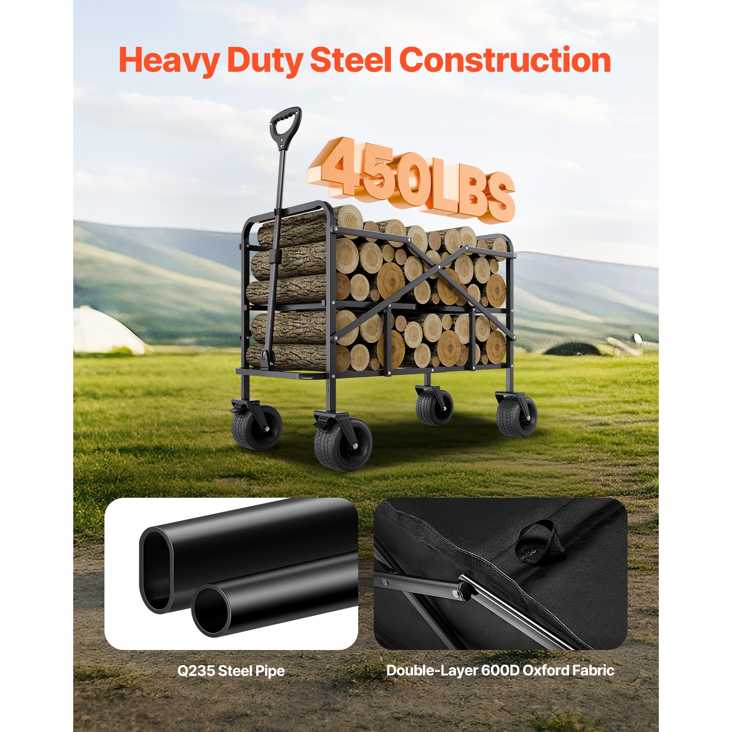 Chariot de jardin pliable à deux étages 400&nbsp;L de VEVOR, robuste, avec roues tout-terrain, support jusqu'à 450&nbsp;lb, chariot utilitaire