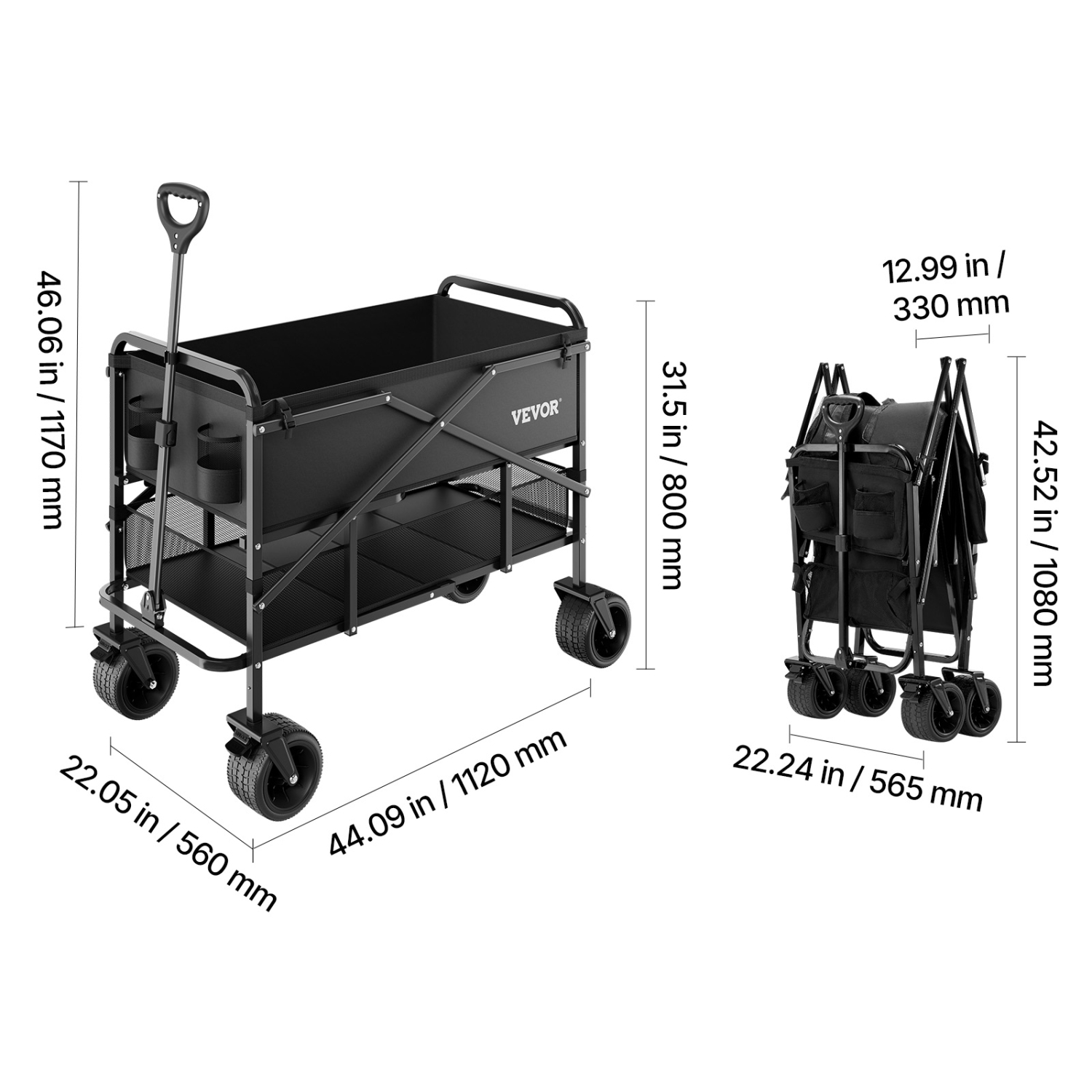 Chariot de jardin pliable à deux étages 400&nbsp;L de VEVOR, robuste, avec roues tout-terrain, support jusqu'à 450&nbsp;lb, chariot utilitaire
