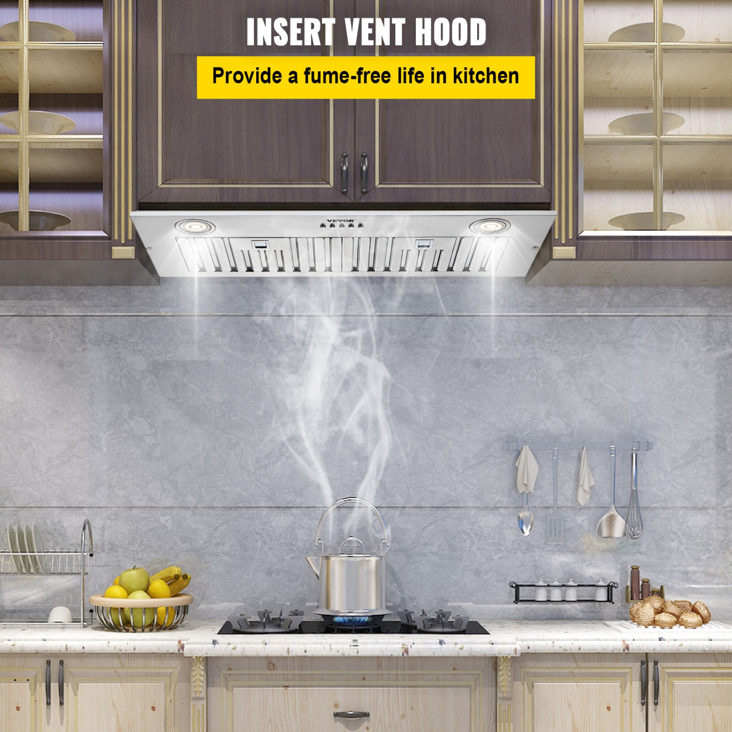 VEVOR 800CFM Insert Range Hood, 3-Speed, 30 Inch Stainless Steel Built-in Kitchen Vent with Push Button Control LED Lights Baffle Filters,