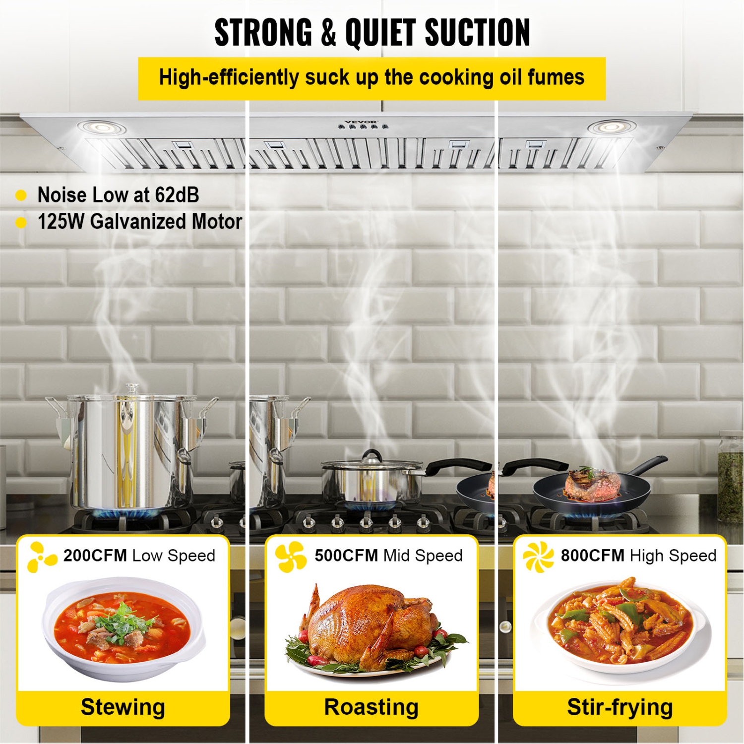 VEVOR 800CFM Insert Range Hood, 3-Speed, 30 Inch Stainless Steel Built-in Kitchen Vent with Push Button Control LED Lights Baffle Filters,