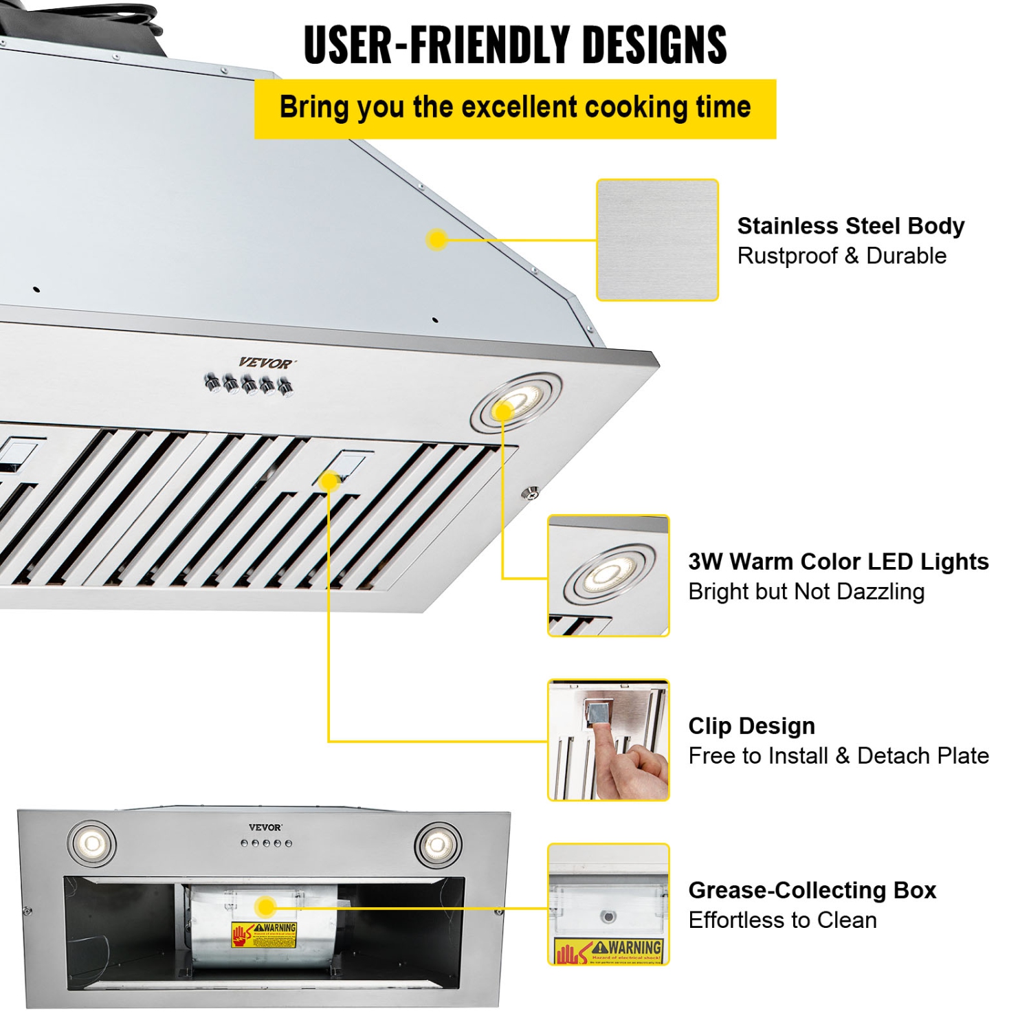 VEVOR 800CFM Insert Range Hood, 3-Speed, 30 Inch Stainless Steel Built-in Kitchen Vent with Push Button Control LED Lights Baffle Filters,