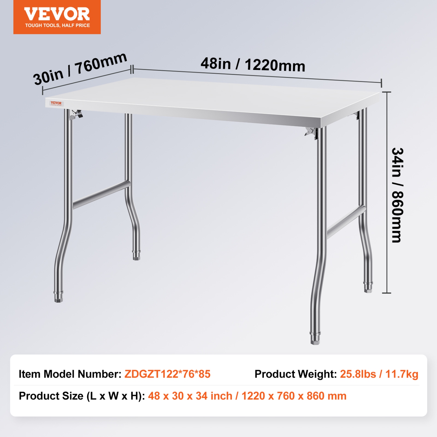 Table de préparation commerciale pliante de 48 x 30&nbsp;po VEVOR, poste de travail commercial, table pliante en acier inoxydable robuste, table de