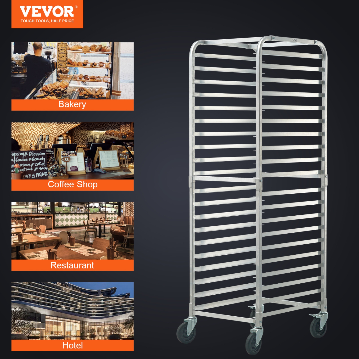 VEVOR 26"L x 20.4"W x 70"H Bun Pan Rack, 20-Tier Commercial Bakery Racks with Brake Wheels, Aluminum Racking Trolley Storage for Half & Full Sheet,
