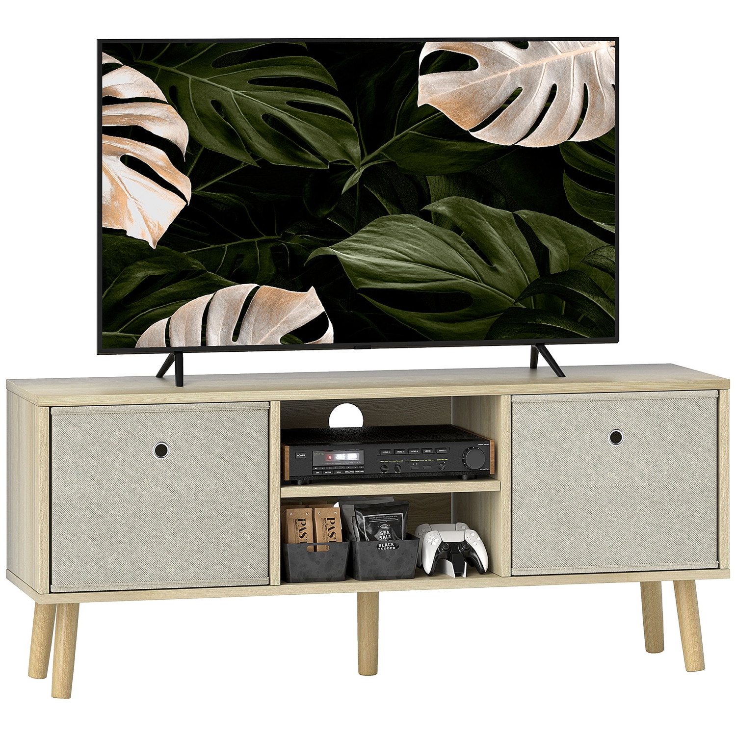 HOMCOM TV Stand for 50 Inch TV, Entertainment Center TV Table with Fabric Drawers, Storage Shelves and Cable Holes for Living Room, Bedroom, Natural
