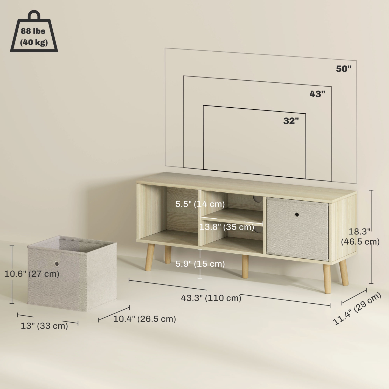 HOMCOM TV Stand for 50 Inch TV, Entertainment Center TV Table with Fabric Drawers, Storage Shelves and Cable Holes for Living Room, Bedroom, Natural