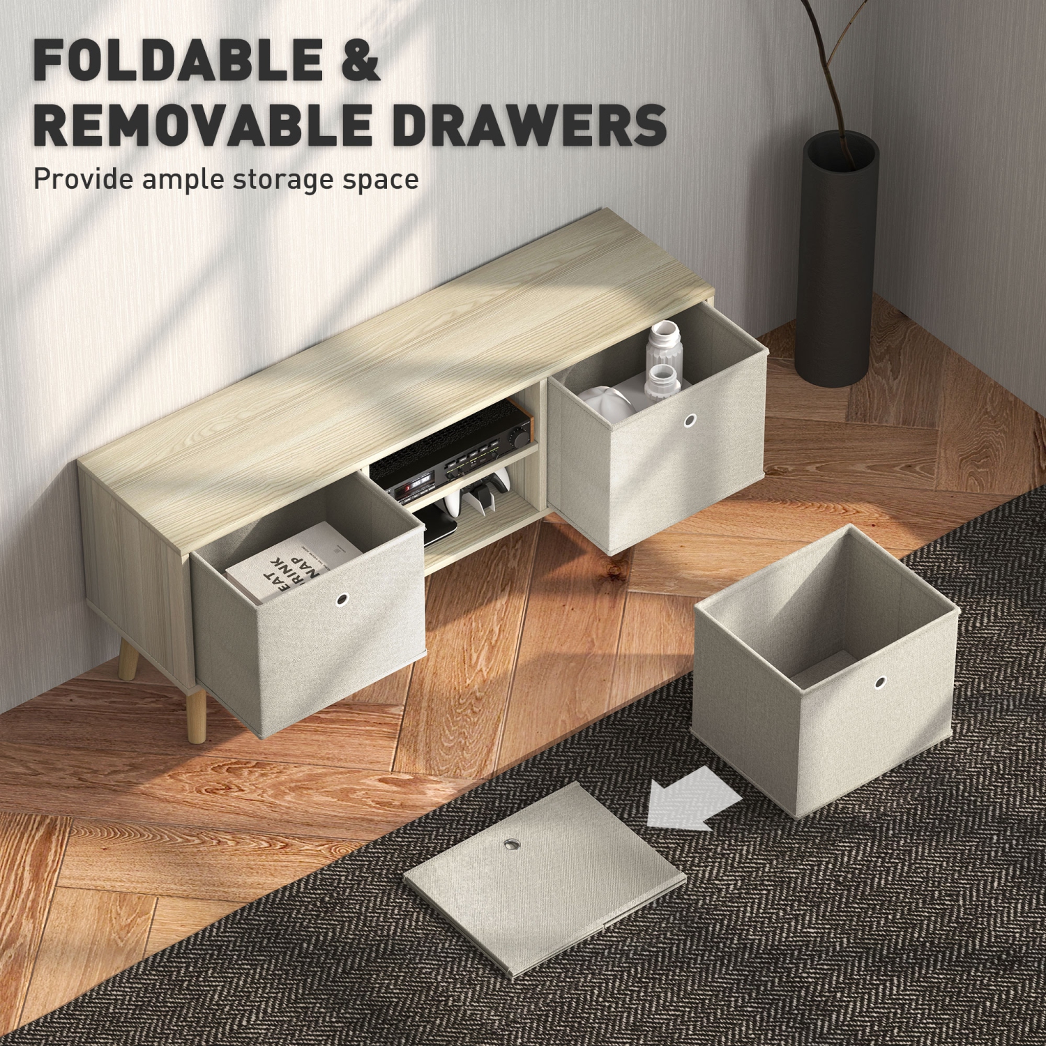 HOMCOM TV Stand for 50 Inch TV, Entertainment Center TV Table with Fabric Drawers, Storage Shelves and Cable Holes for Living Room, Bedroom, Natural