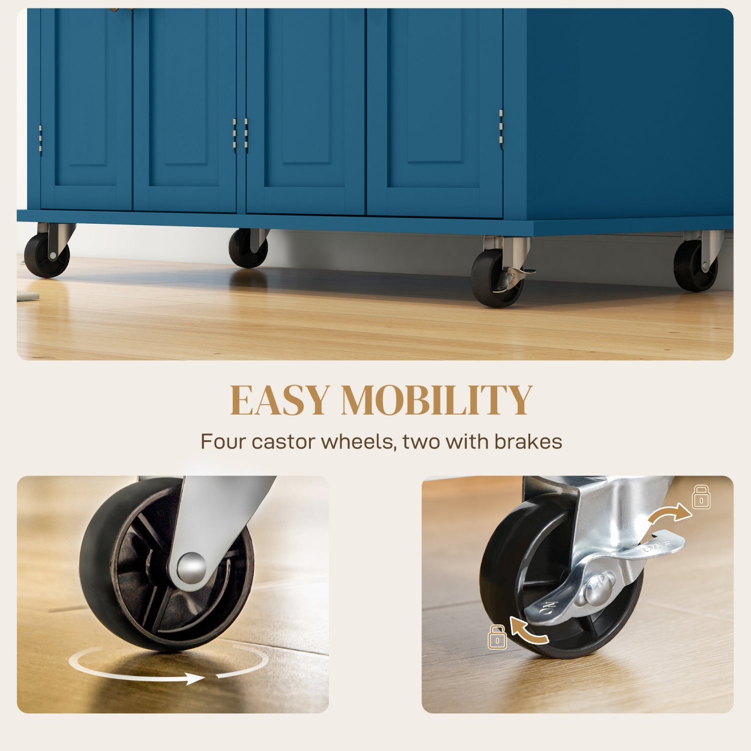 HOMCOM Kitchen Island Cart with Rubber Wood Top, Rolling Kitchen Island Table on Wheels with Drawers, Adjustable Shelves, Spice Rack and Towel Rack