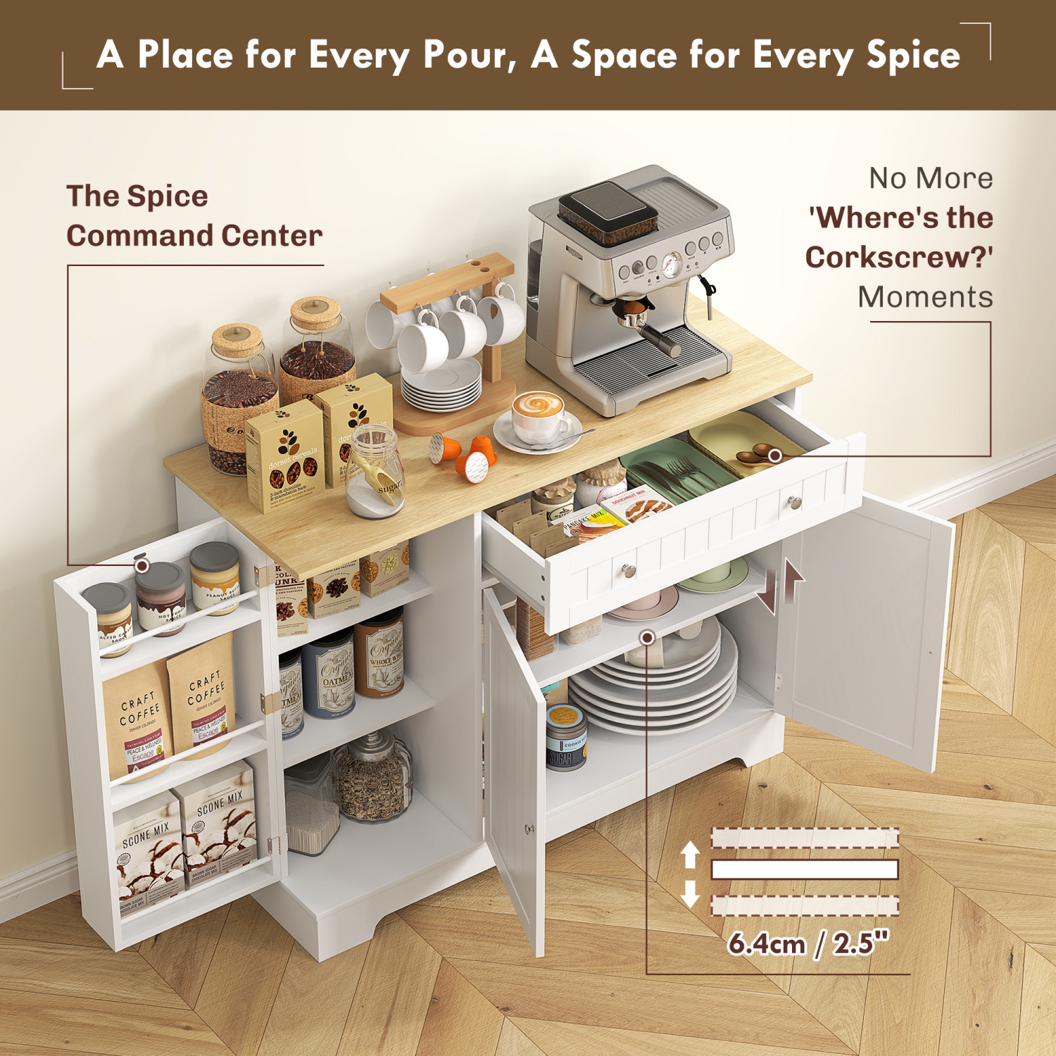 Buffet moderne de HOMCOM avec rangement, armoire de bar à café avec dessus en bois naturel, tiroir, tablettes ajustables, petit garde-manger de