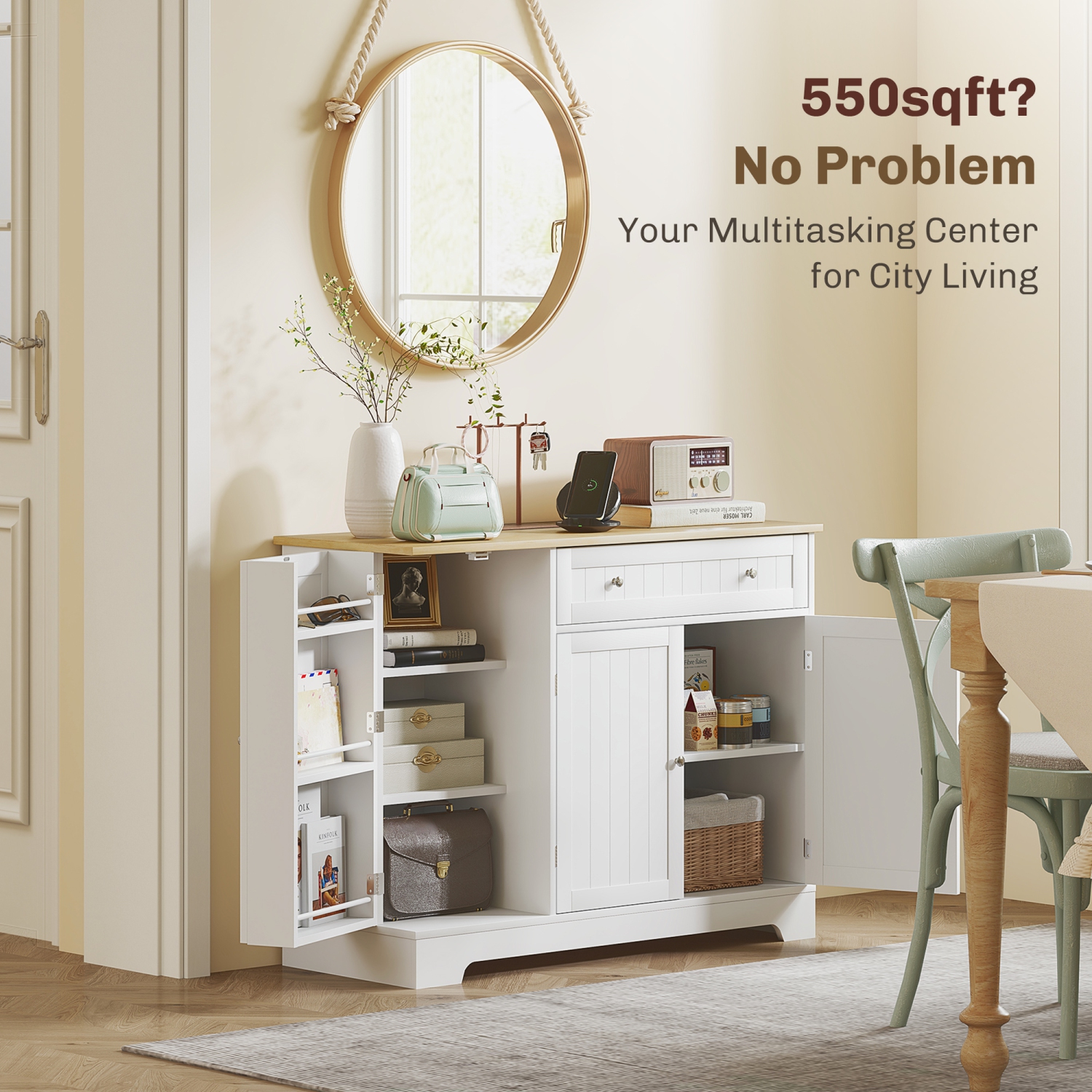 Buffet moderne de HOMCOM avec rangement, armoire de bar à café avec dessus en bois naturel, tiroir, tablettes ajustables, petit garde-manger de