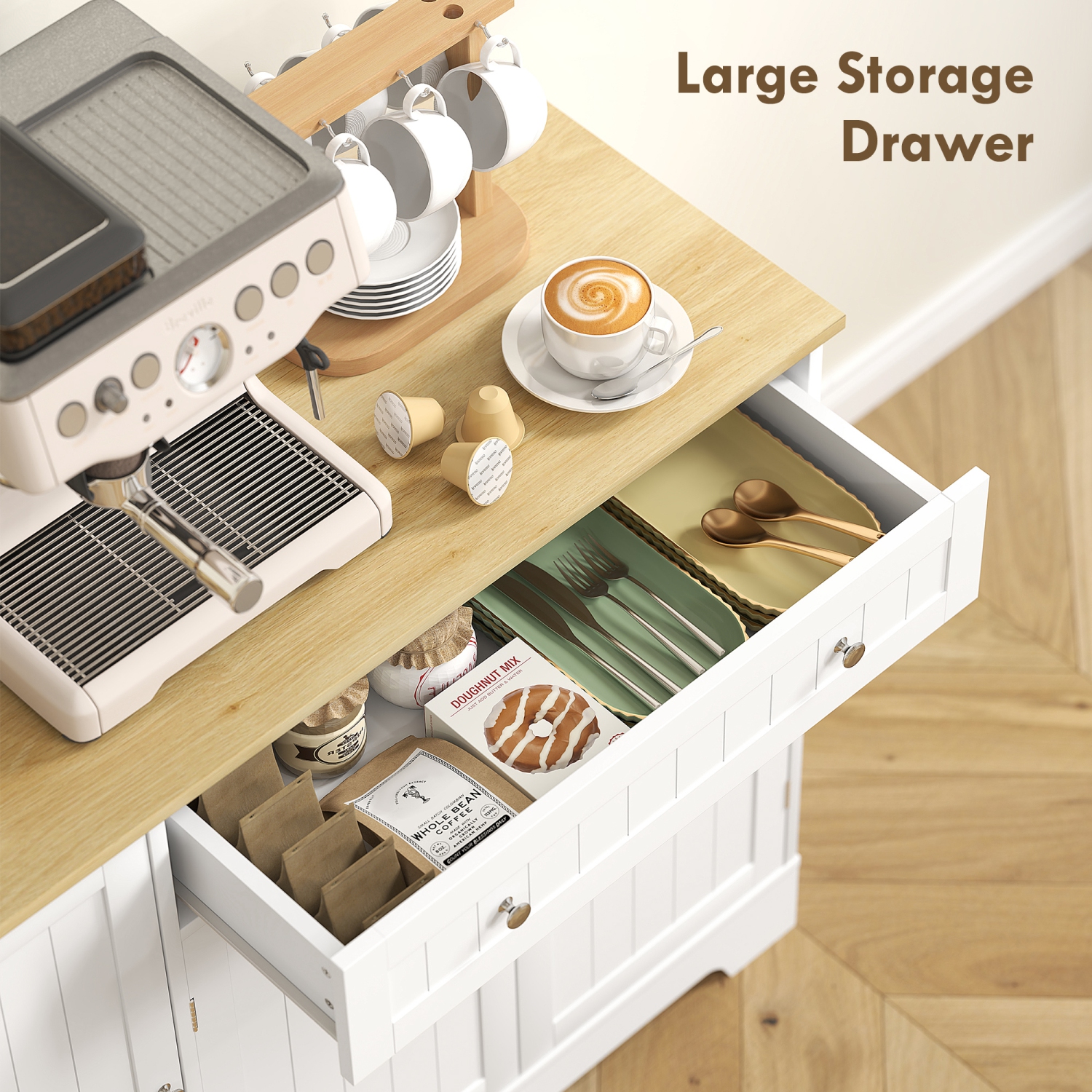 Buffet moderne de HOMCOM avec rangement, armoire de bar à café avec dessus en bois naturel, tiroir, tablettes ajustables, petit garde-manger de