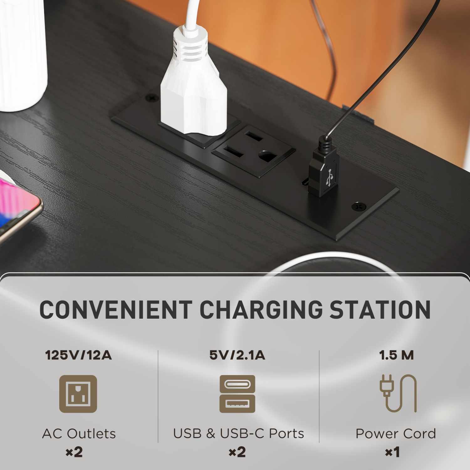 Ensemble de 2 tables de chevet modernes de HOMCOM avec station de recharge, table de chevet avec porte décorative en verre, table d'appoint avec