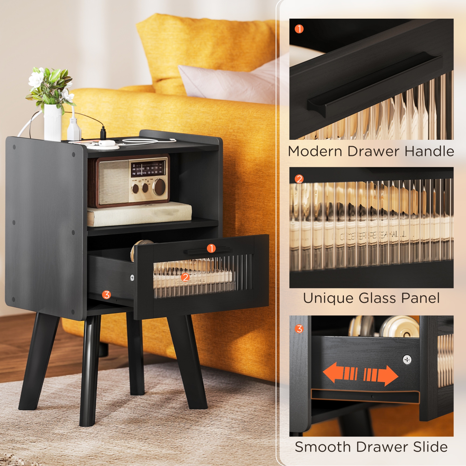 Ensemble de 2 tables de chevet modernes de HOMCOM avec station de recharge, table de chevet avec porte décorative en verre, table d'appoint avec