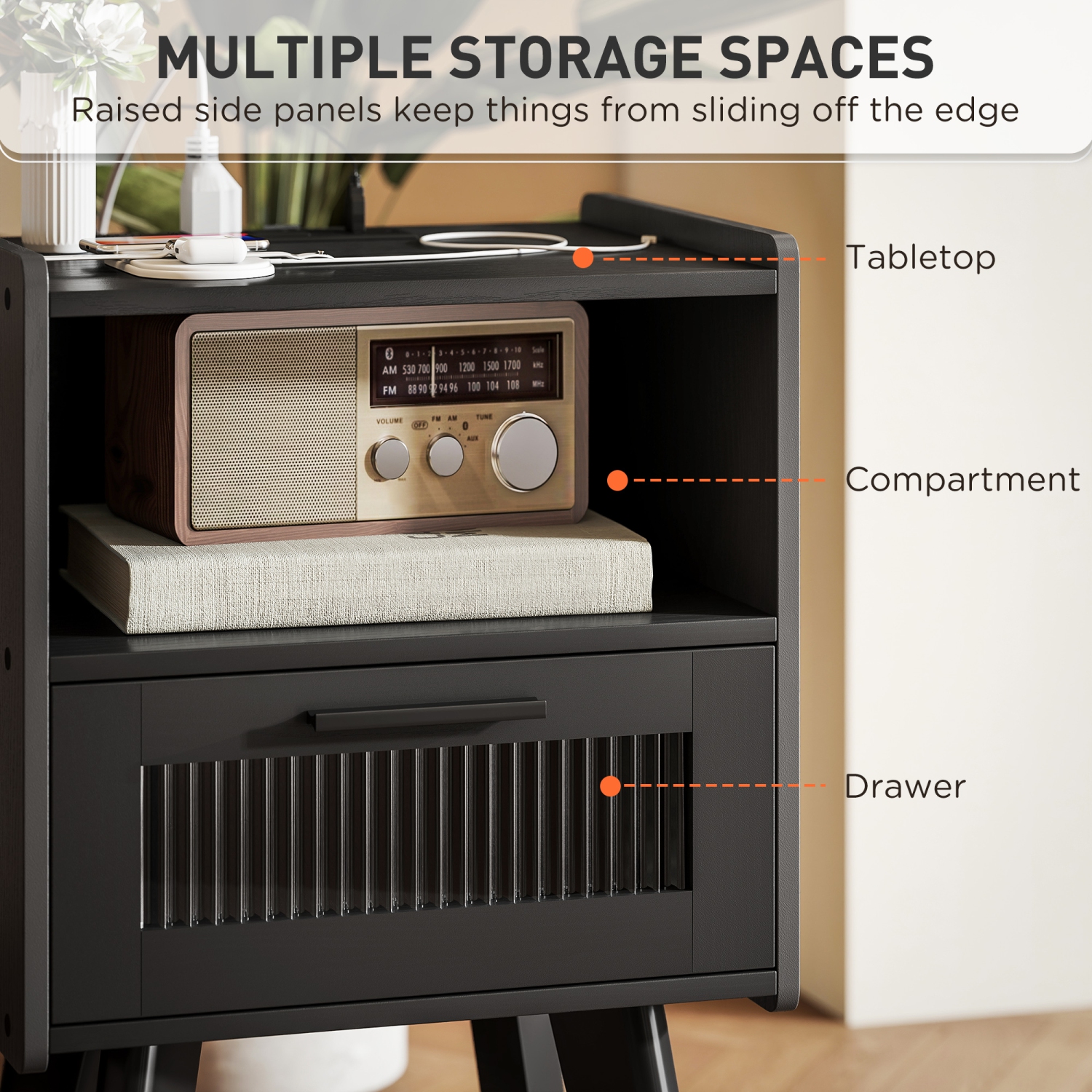 Ensemble de 2 tables de chevet modernes de HOMCOM avec station de recharge, table de chevet avec porte décorative en verre, table d'appoint avec