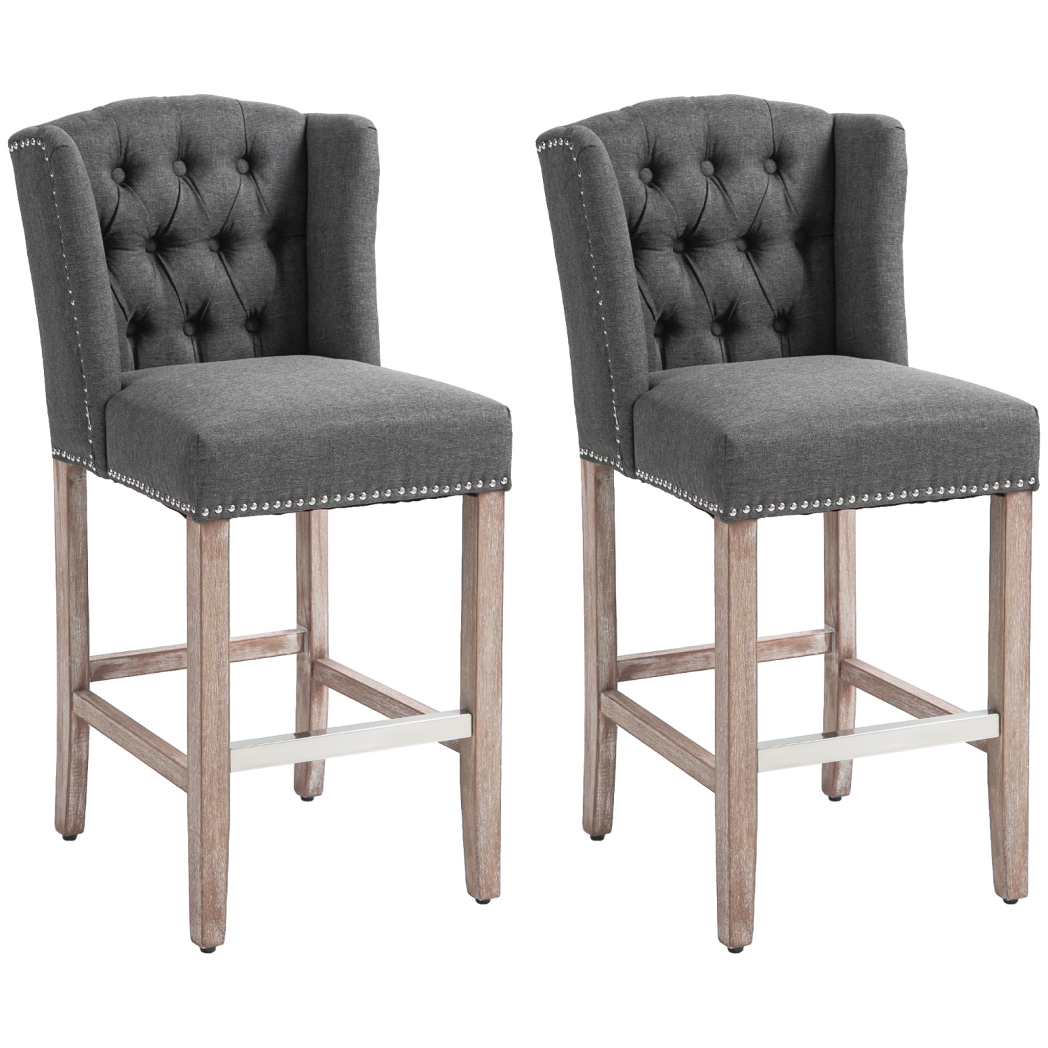 HOMCOM Counter Height Bar Stools Set of 2, Upholstered Bar Chairs with Nailhead Backrest and Footrest, Modern Barstools for Kitchen, Dining Room,