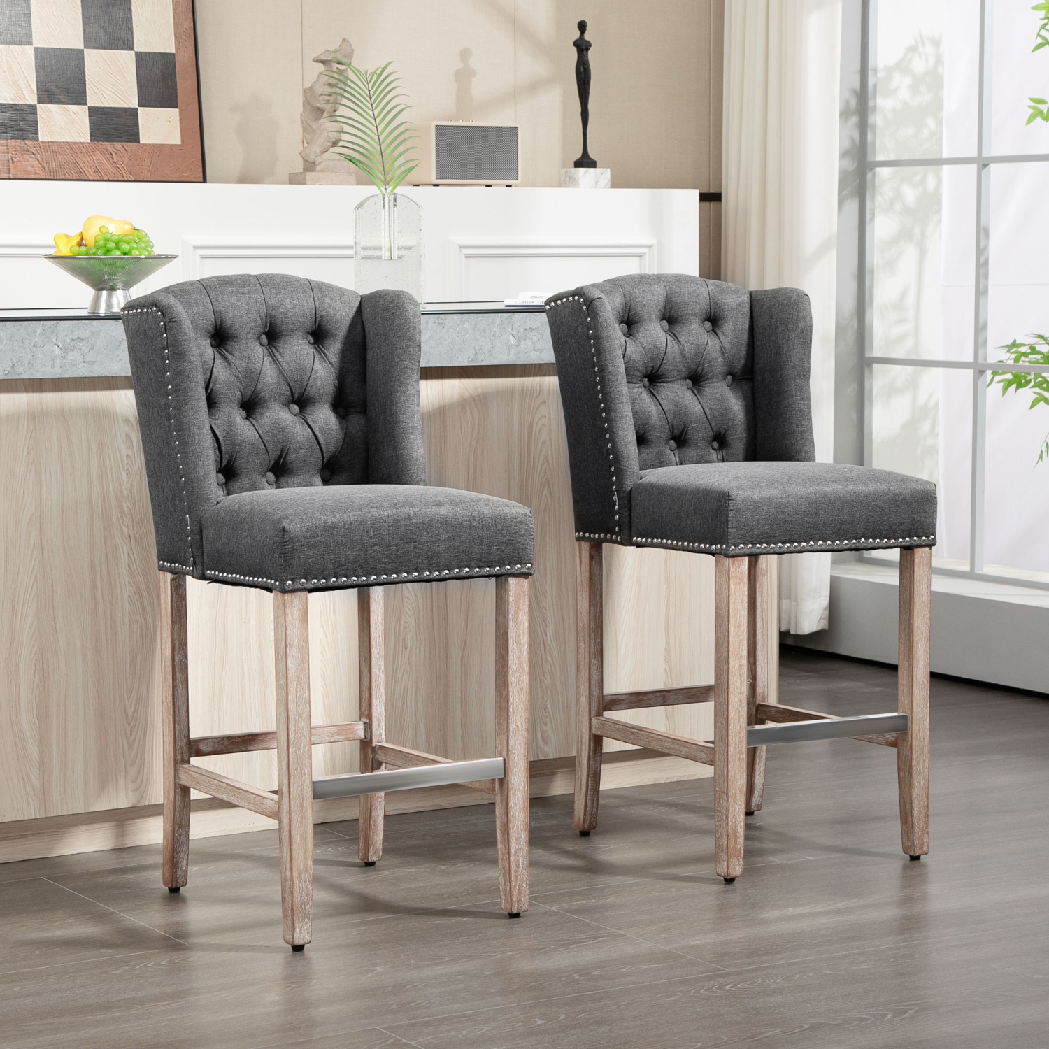HOMCOM Counter Height Bar Stools Set of 2, Upholstered Bar Chairs with Nailhead Backrest and Footrest, Modern Barstools for Kitchen, Dining Room,
