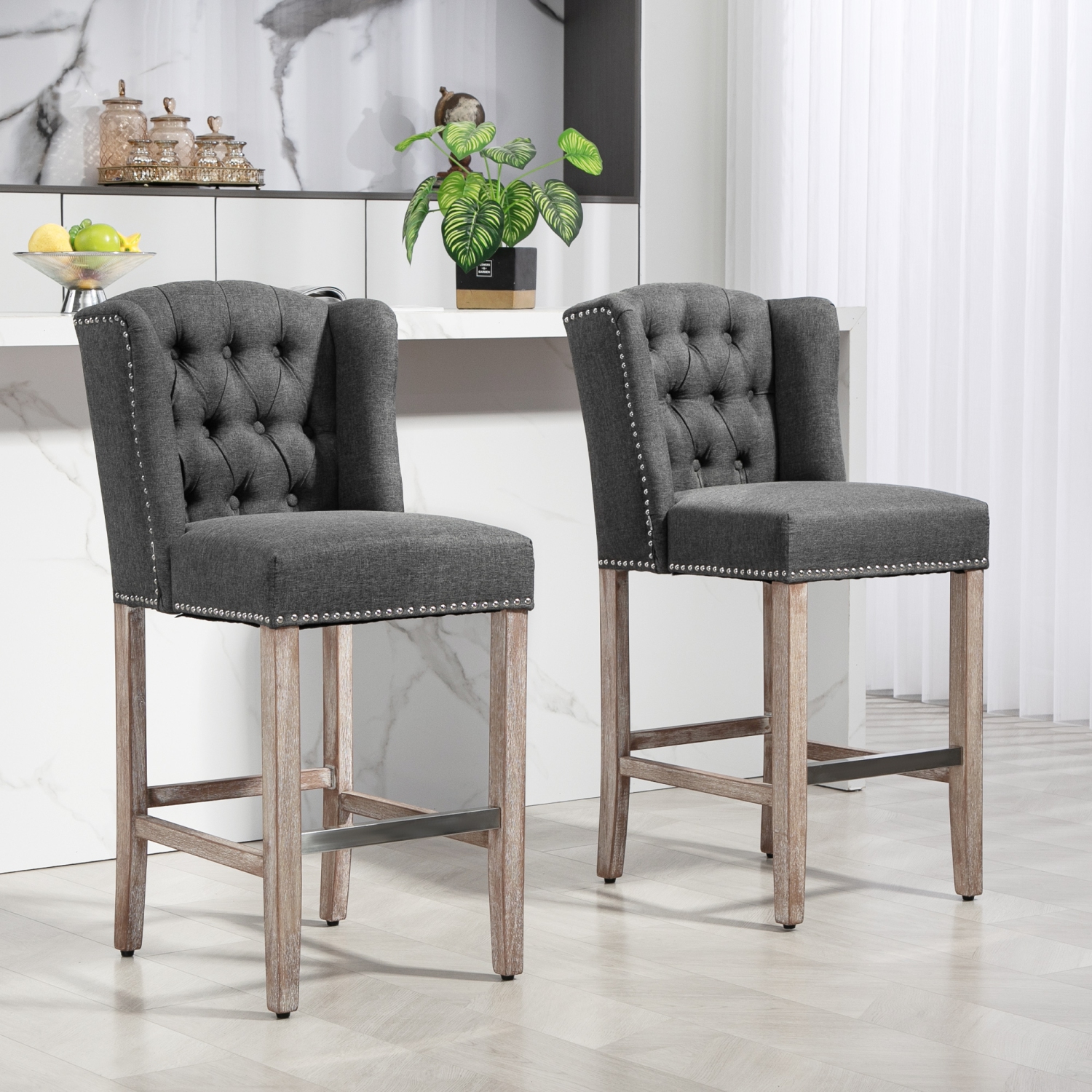 HOMCOM Counter Height Bar Stools Set of 2, Upholstered Bar Chairs with Nailhead Backrest and Footrest, Modern Barstools for Kitchen, Dining Room,