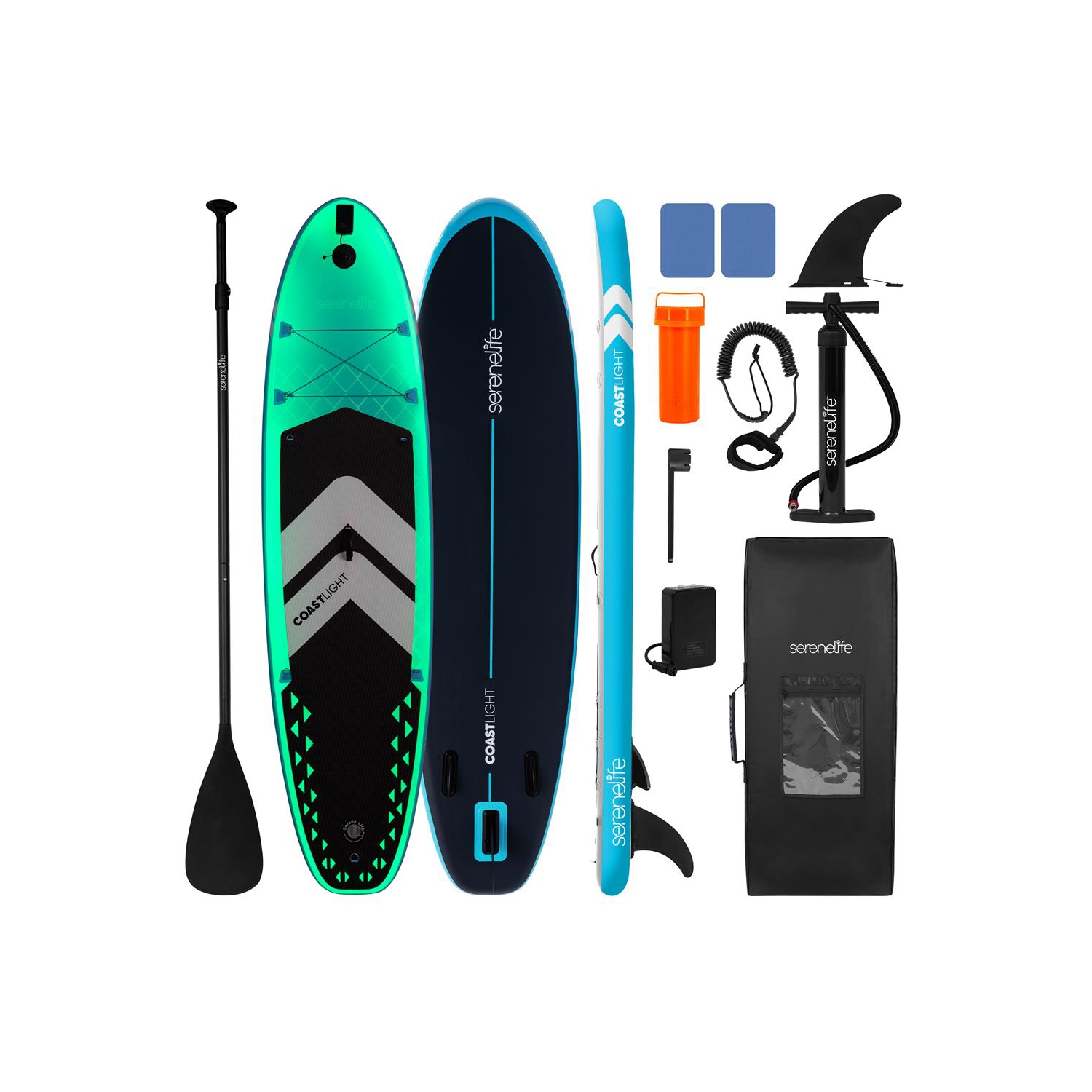 Planche à rame gonflable soudée à débit libre avec lampe LED, pompe manuelle à double action, pagaie en aluminium à 3 tiges, laisse, aileron, trousse