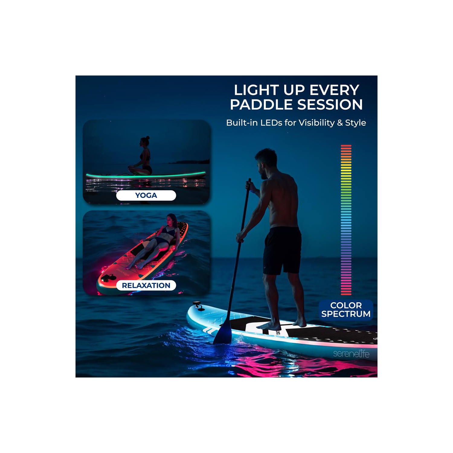 Planche à rame gonflable soudée à débit libre avec lampe LED, pompe manuelle à double action, pagaie en aluminium à 3 tiges, laisse, aileron, trousse