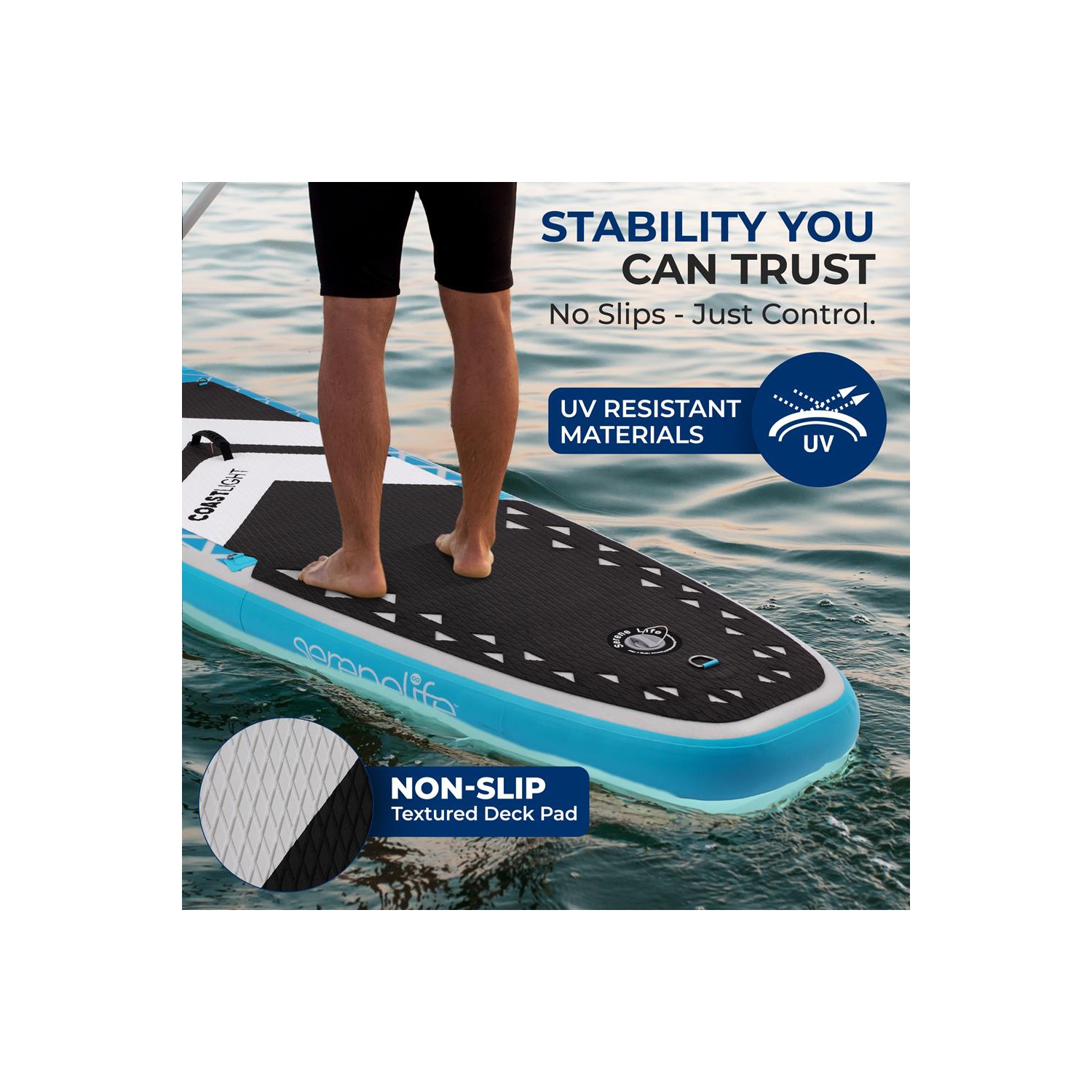 Planche à rame gonflable soudée à débit libre avec lampe LED, pompe manuelle à double action, pagaie en aluminium à 3 tiges, laisse, aileron, trousse