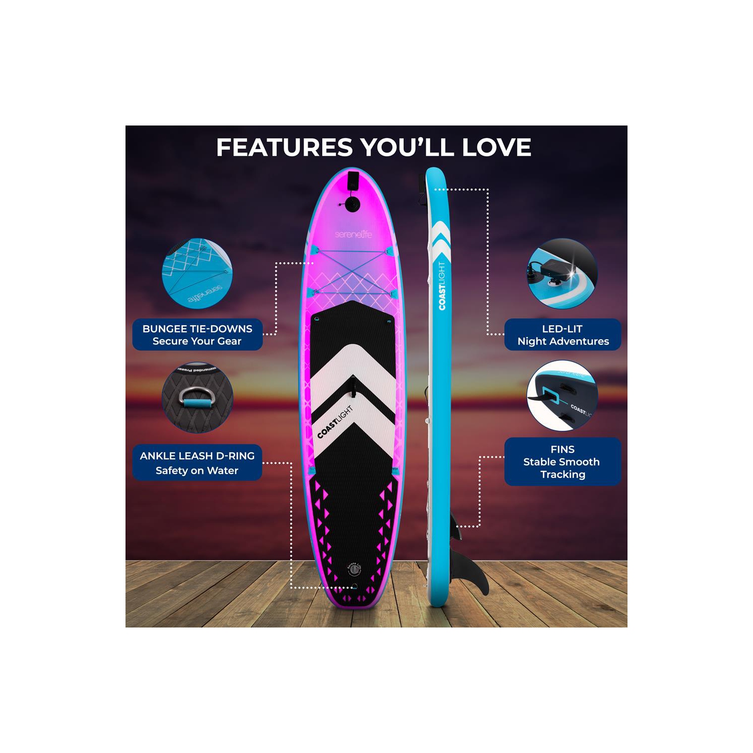 Planche à rame gonflable soudée à débit libre avec lampe LED, pompe manuelle à double action, pagaie en aluminium à 3 tiges, laisse, aileron, trousse