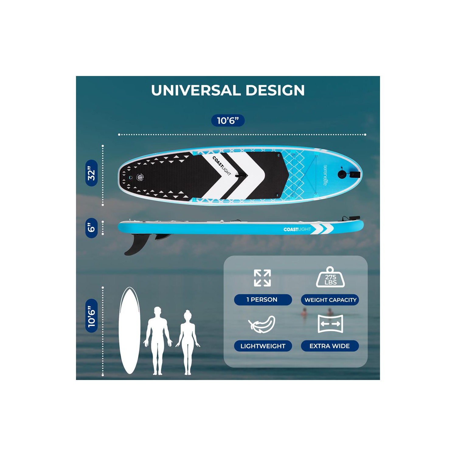 Planche à rame gonflable soudée à débit libre avec lampe LED, pompe manuelle à double action, pagaie en aluminium à 3 tiges, laisse, aileron, trousse