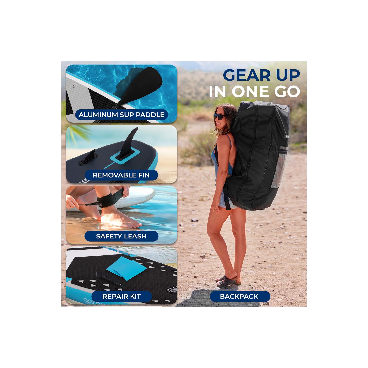 Planche à rame gonflable soudée à débit libre avec lampe LED, pompe manuelle à double action, pagaie en aluminium à 3 tiges, laisse, aileron, trousse