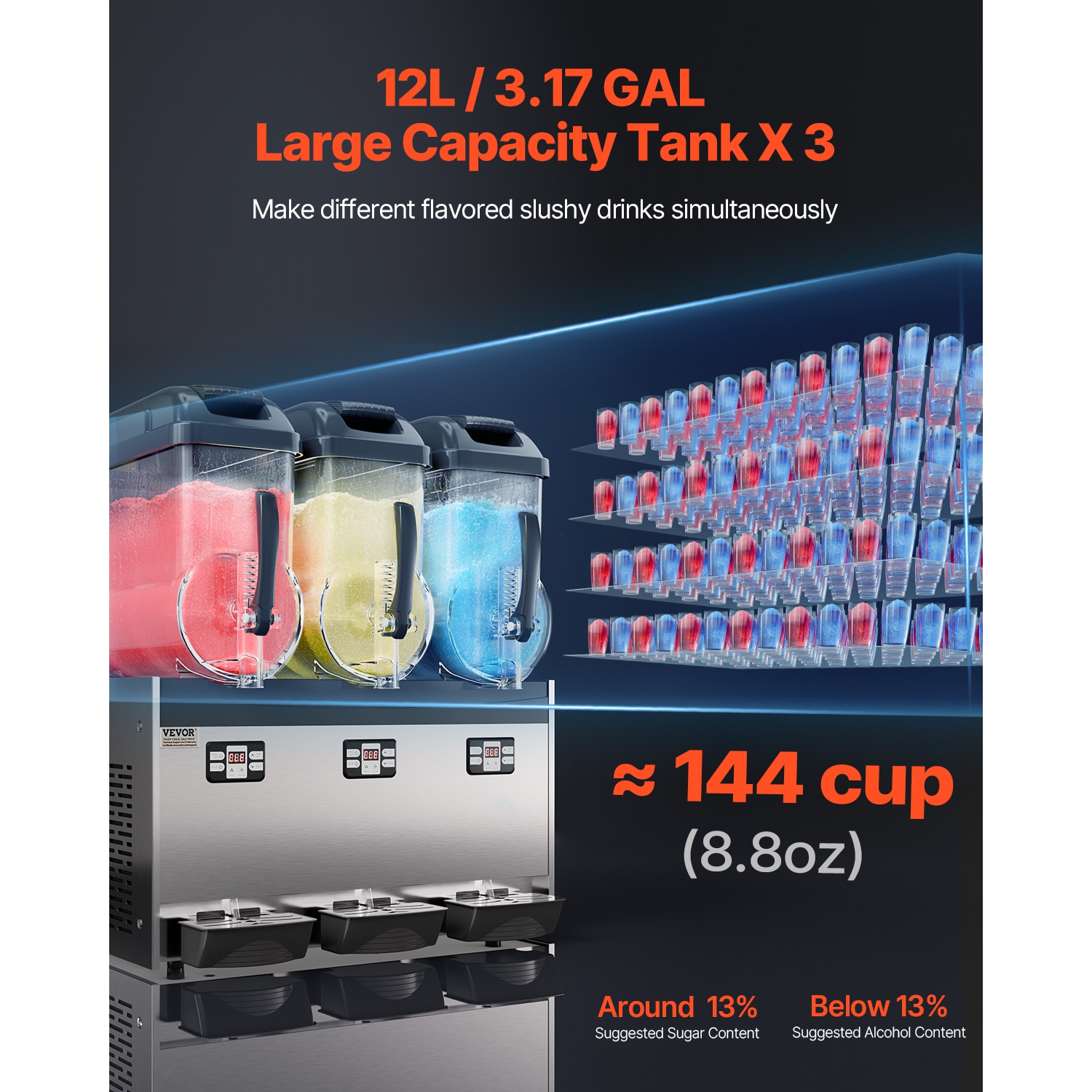 VEVOR 12Lx3 Triple Commercial Slushy Machine, Tank Frozen Drink Machine, 144 Cups Stainless Steel Margarita Smoothie Frozen Drink Maker, for Home
