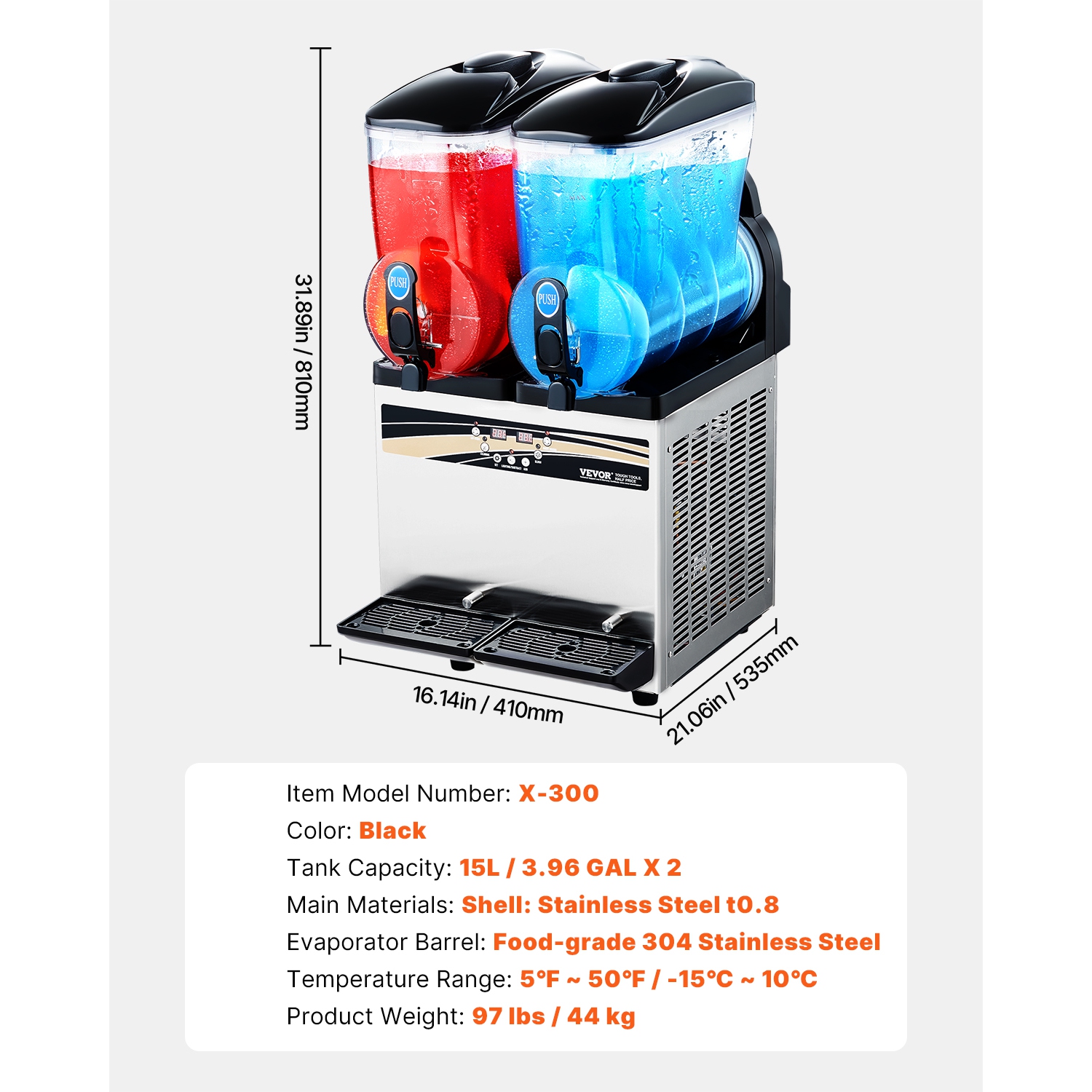 VEVOR 15Lx2 Double Commercial Frozen Drink Maker, Tank Slushy Machine, 120 Cups Stainless Steel Margarita Smoothie Machine, Slushie Maker for Home