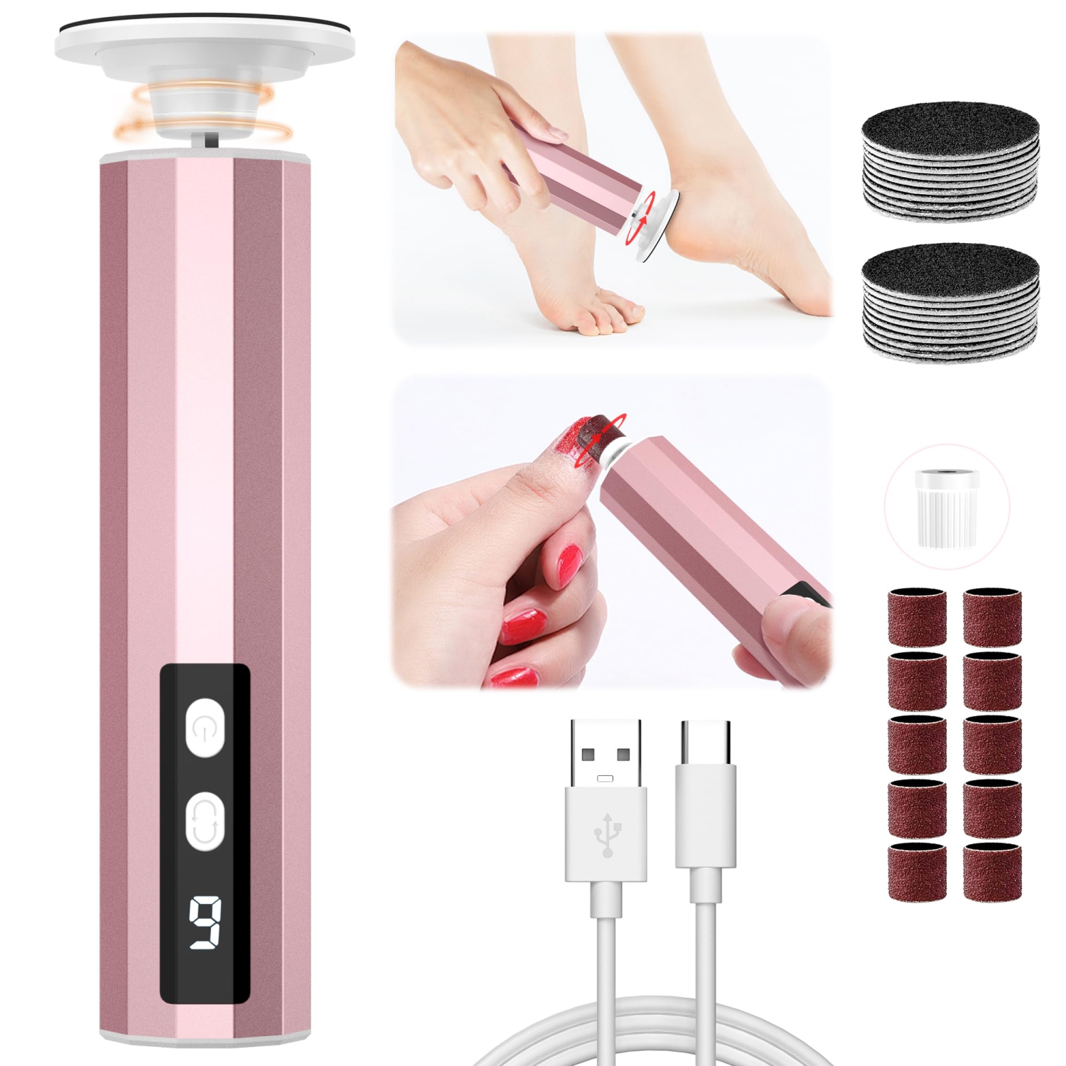 Outil de retrait électrique pour les pieds, lime rechargeable 2 en 1 pour les pieds, 9 vitesses ​​Contrôle, outil de soins des pieds sans fil pour