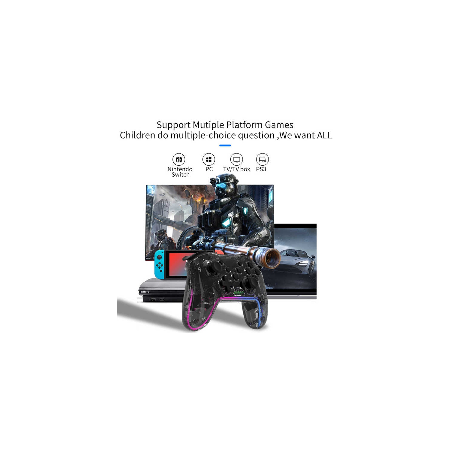 Manette sans fil pour PC, Switch/PS4 et autres manettes; détection de vibrations et de mouvement à six axes; noir clair avec récepteur - compatible