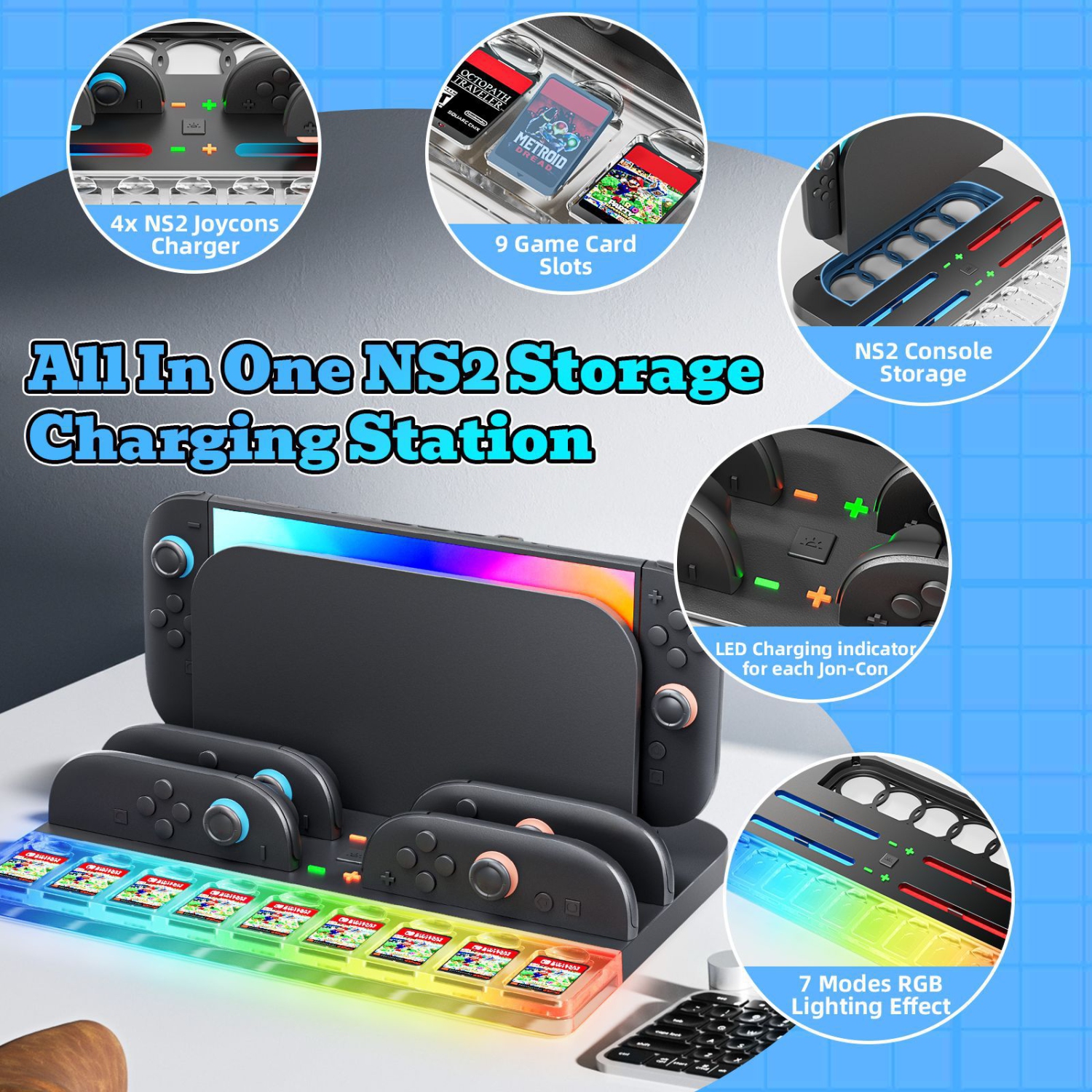 New SWITCH2 storage charger, host controller card storage, NS2 RGB glare controller fast charging, black