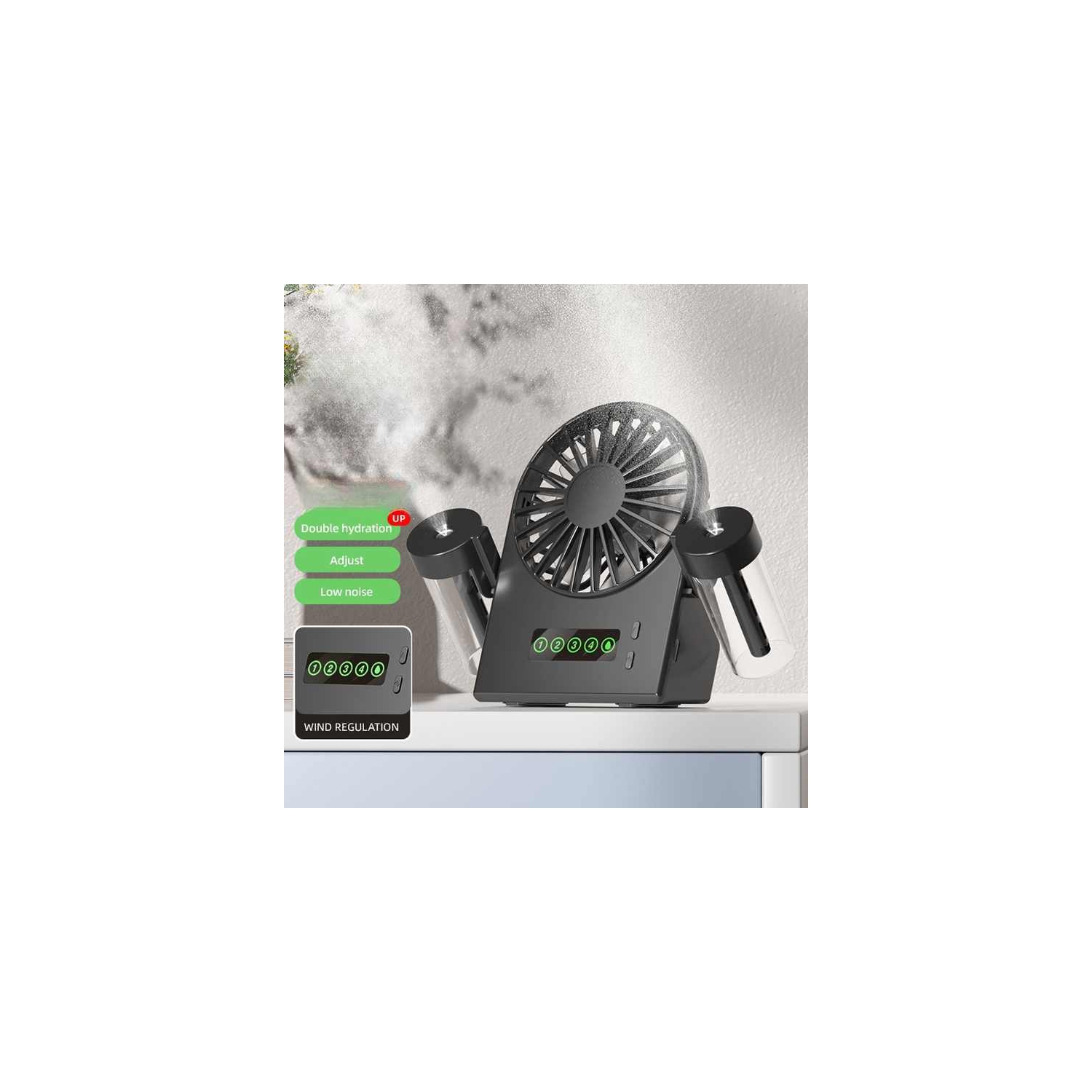 2025 New Double Spray Desktop Fan Humidifier 2 in 1 USB Portable Digital Display Hydration Spray Fan Double Spray Humidifier Small Fan Handheld-F8