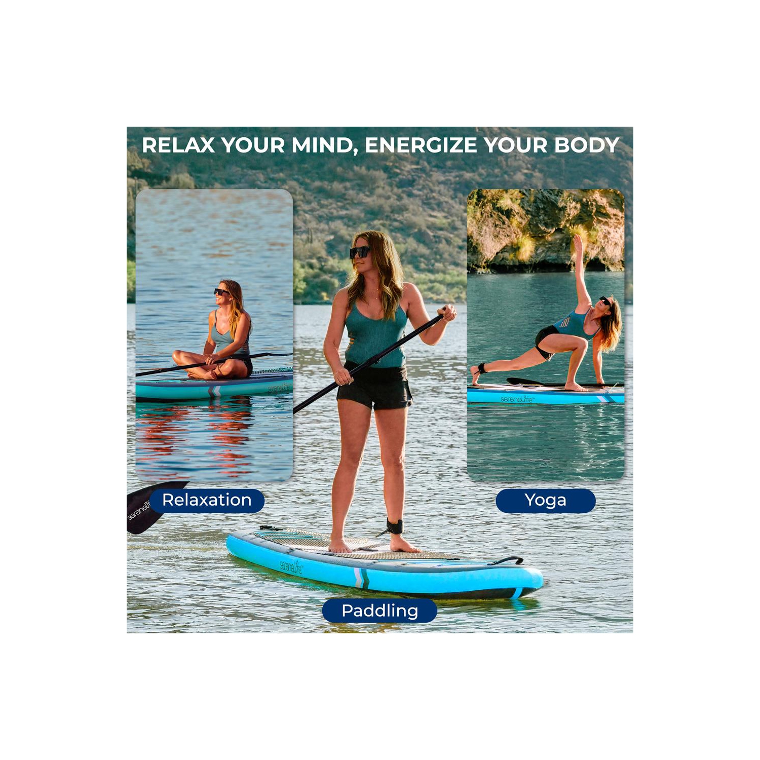 SereneLife 10’ Inflatable Stand Up Paddle Board with Premium SUP Accessories - 32” Wide Stable Design with Non-Slip EVA Deck Pad, for Youth and