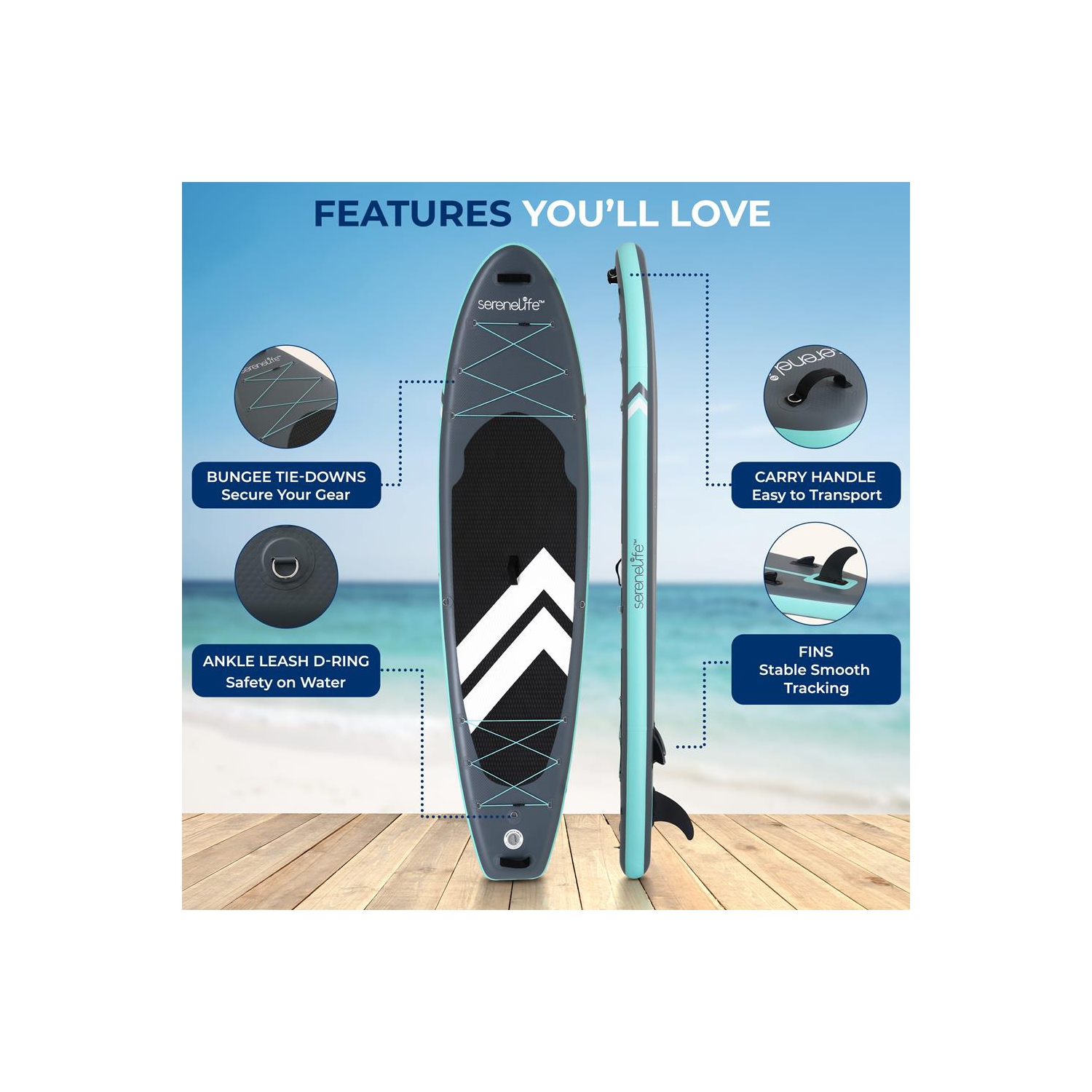 SereneLife 10’ Inflatable Stand Up Paddle Board with Premium SUP Accessories - 32” Wide Stable Design with Non-Slip EVA Deck Pad, for Youth and
