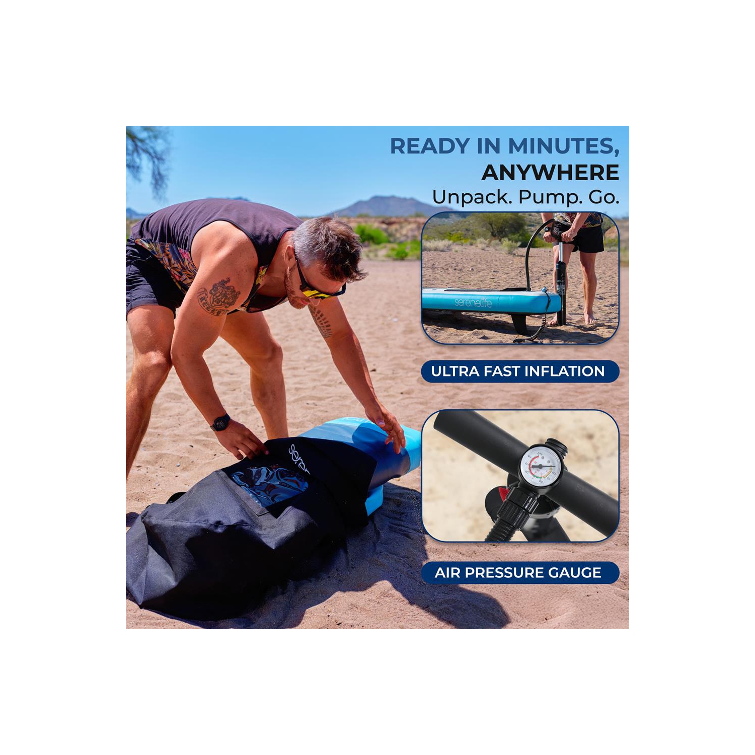 SereneLife Inflatable Stand-Up Paddle Board – 11'6" x 35" Extra Wide SUP for Families – 440 lb Capacity, Non-Slip Deck, Backpack, Paddle, Pump &