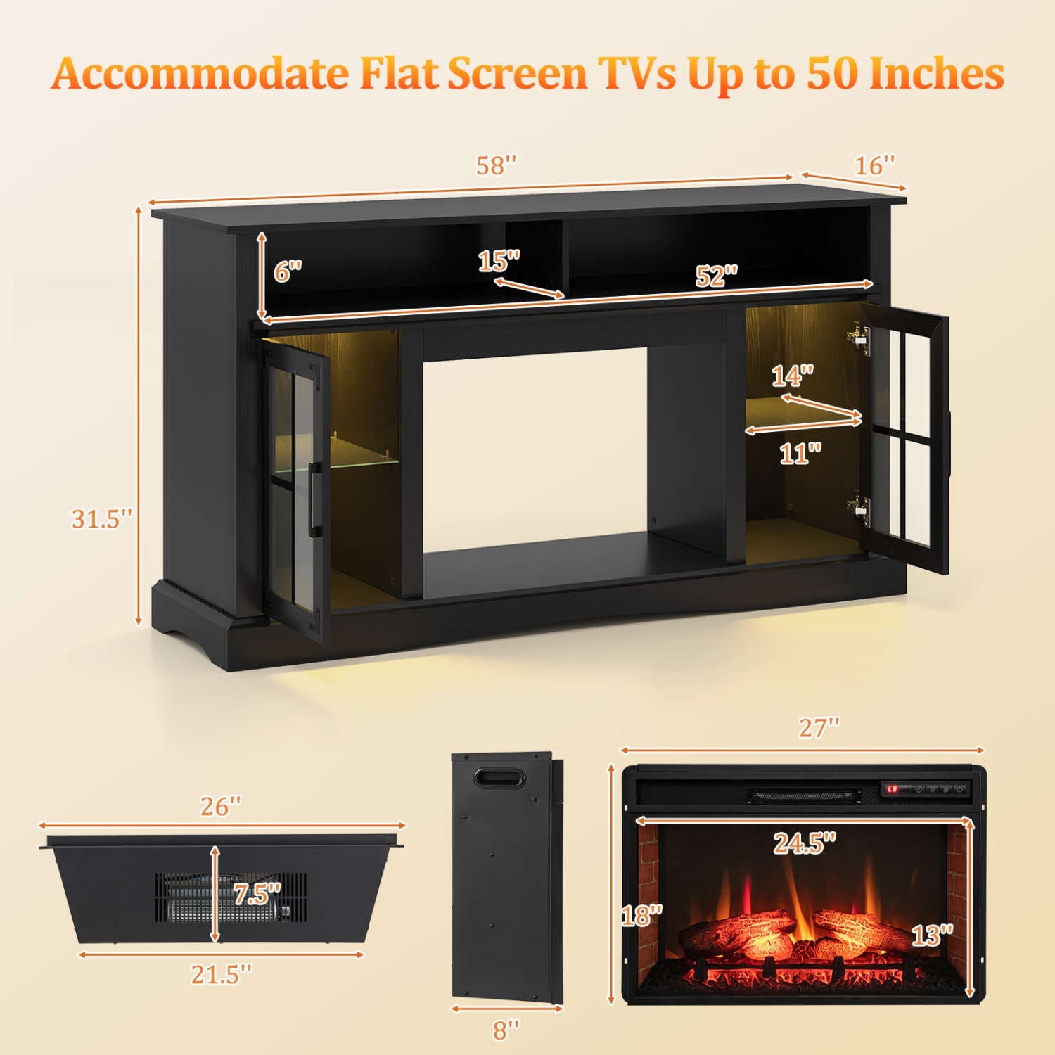 Gymax Fireplace TV Stand w/ Remote Controls & Thermostat Storage Cabinets